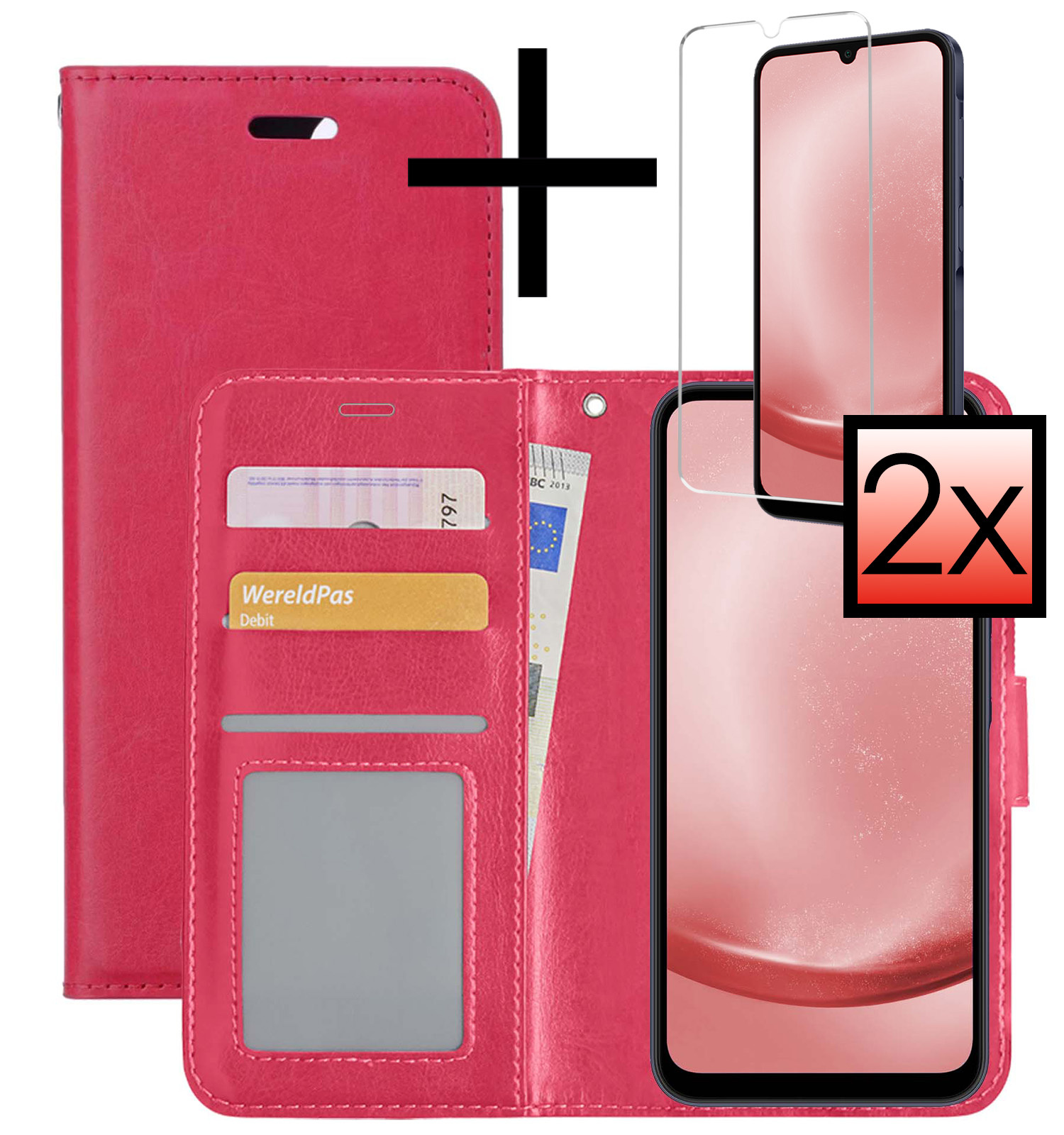 NoXx Hoes Geschikt voor Samsung A25 Hoesje Book Case Hoes Flip Cover Wallet Bookcase Met 2x Screenprotector - Donkerroze