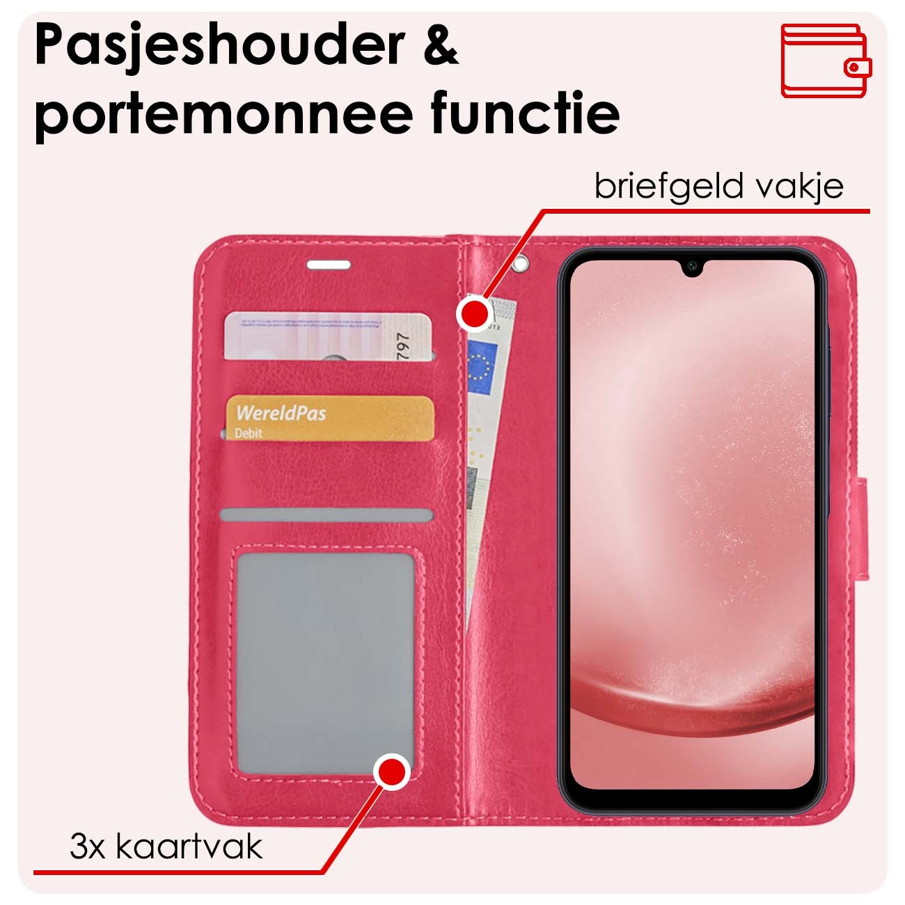 NoXx Hoes Geschikt voor Samsung A25 Hoesje Book Case Hoes Flip Cover Wallet Bookcase Met 2x Screenprotector - Donkerroze