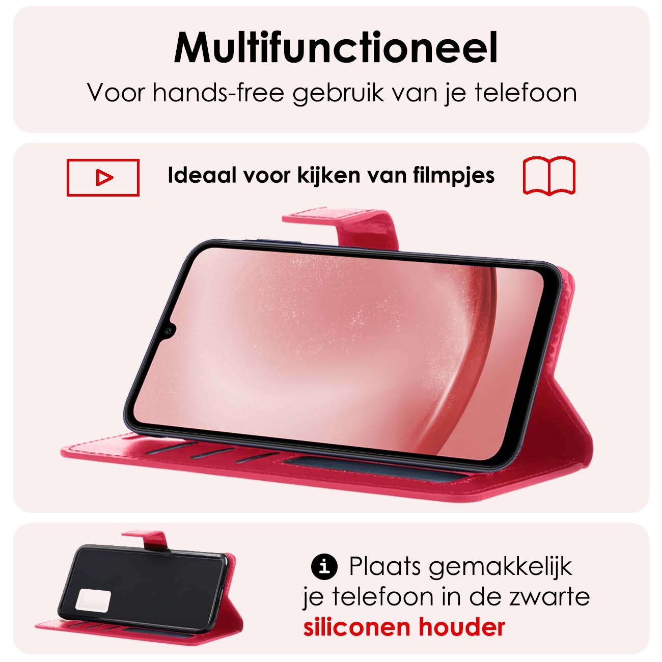 NoXx Hoes Geschikt voor Samsung A25 Hoesje Book Case Hoes Flip Cover Wallet Bookcase Met 2x Screenprotector - Donkerroze