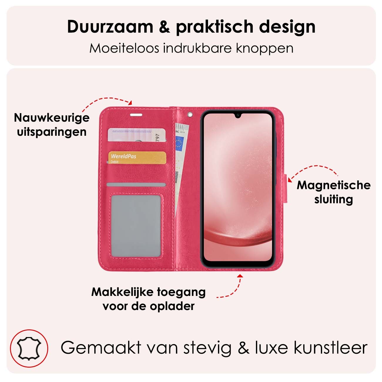 NoXx Hoes Geschikt voor Samsung A25 Hoesje Book Case Hoes Flip Cover Wallet Bookcase Met 2x Screenprotector - Donkerroze