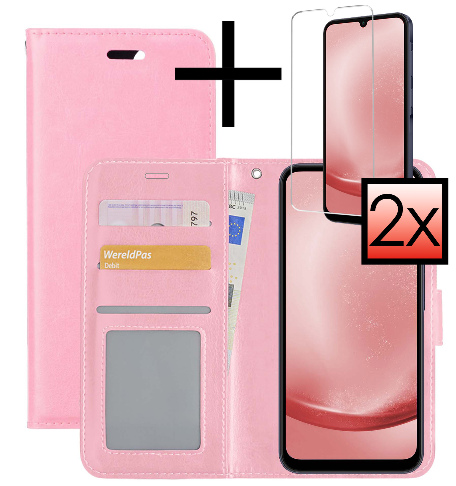 NoXx Hoes Geschikt voor Samsung A25 Hoesje Book Case Hoes Flip Cover Wallet Bookcase Met 2x Screenprotector - Lichtroze