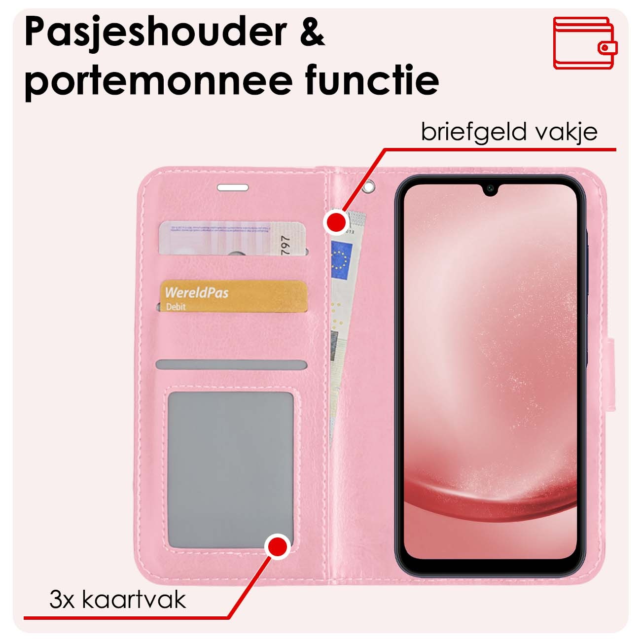 NoXx Hoes Geschikt voor Samsung A25 Hoesje Book Case Hoes Flip Cover Wallet Bookcase Met 2x Screenprotector - Lichtroze