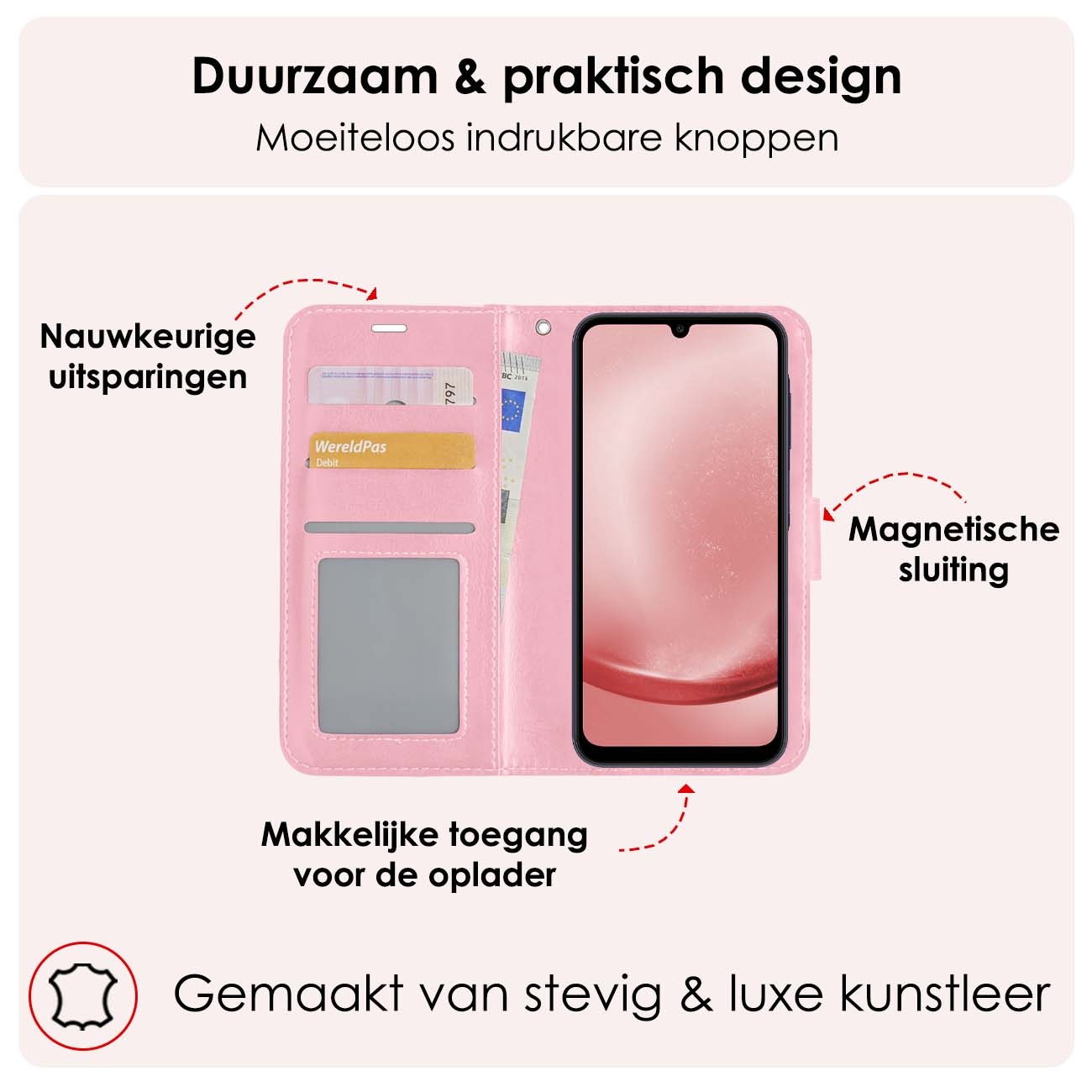 NoXx Hoes Geschikt voor Samsung A25 Hoesje Book Case Hoes Flip Cover Wallet Bookcase Met 2x Screenprotector - Lichtroze