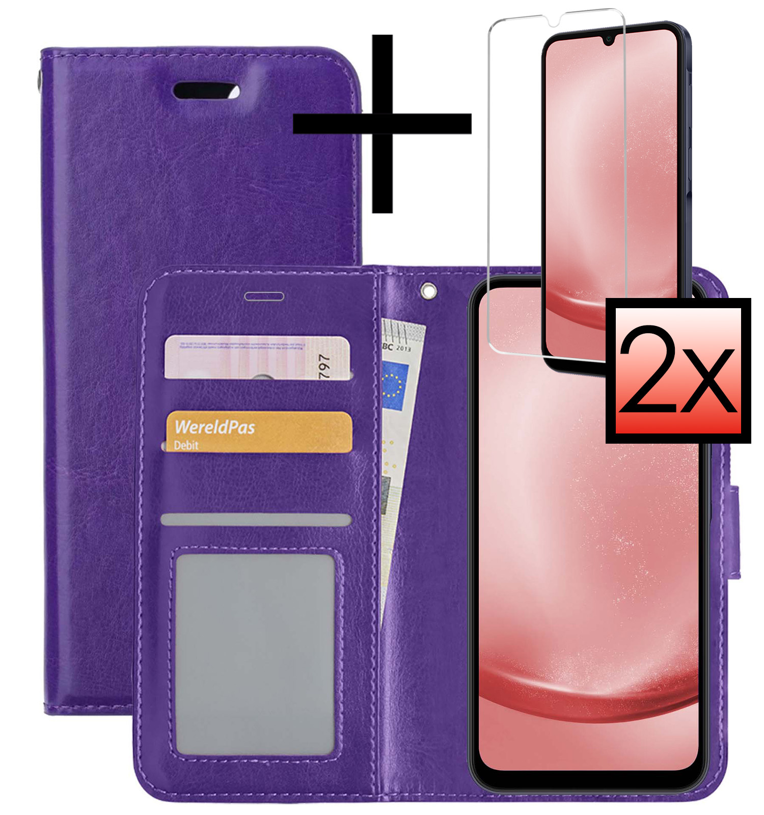 NoXx Hoes Geschikt voor Samsung A25 Hoesje Book Case Hoes Flip Cover Wallet Bookcase Met 2x Screenprotector - Paars
