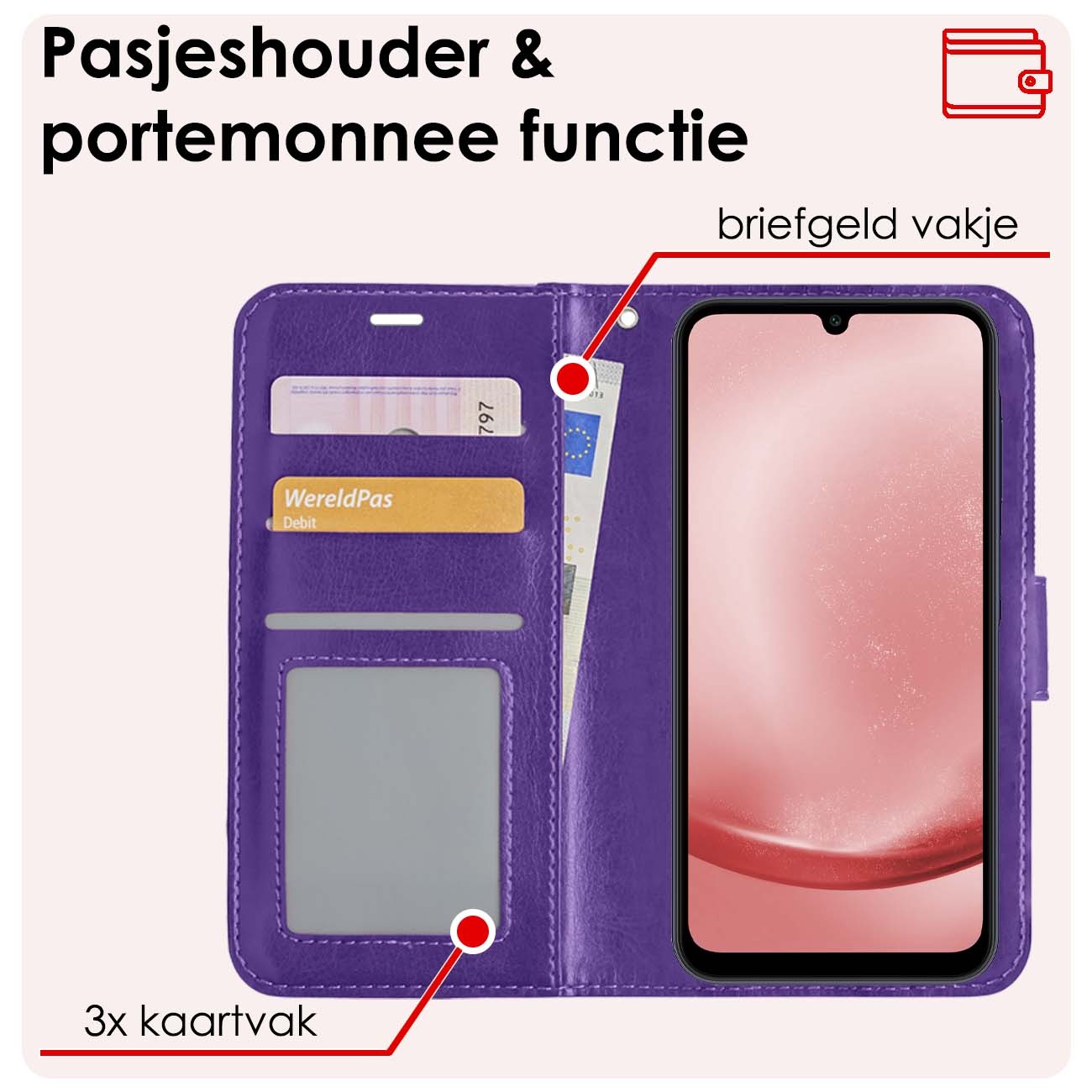 NoXx Hoes Geschikt voor Samsung A25 Hoesje Book Case Hoes Flip Cover Wallet Bookcase Met 2x Screenprotector - Paars