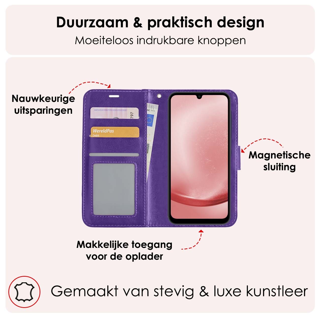 NoXx Hoes Geschikt voor Samsung A25 Hoesje Book Case Hoes Flip Cover Wallet Bookcase Met 2x Screenprotector - Paars