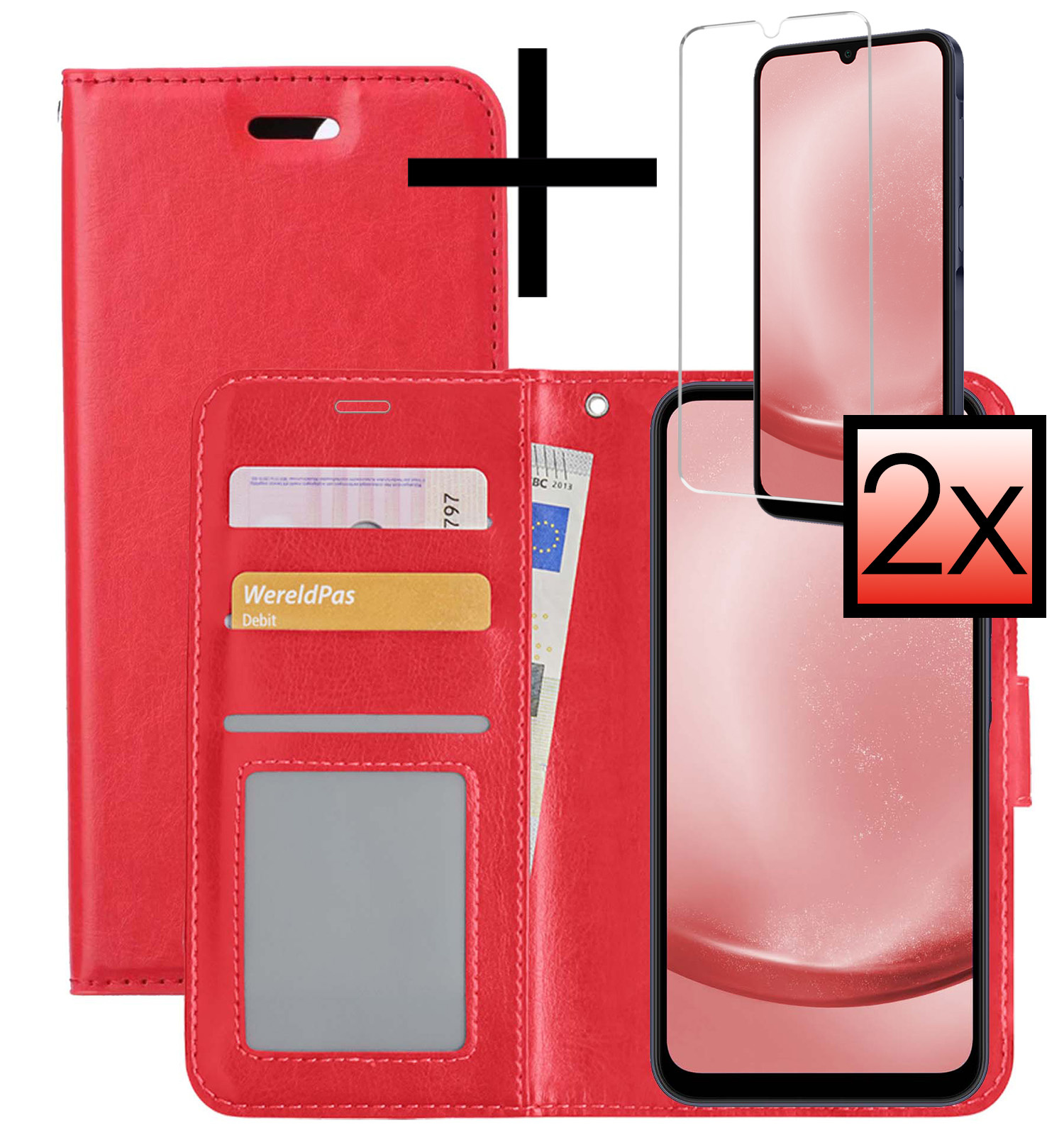 NoXx Hoes Geschikt voor Samsung A25 Hoesje Book Case Hoes Flip Cover Wallet Bookcase Met 2x Screenprotector - Rood