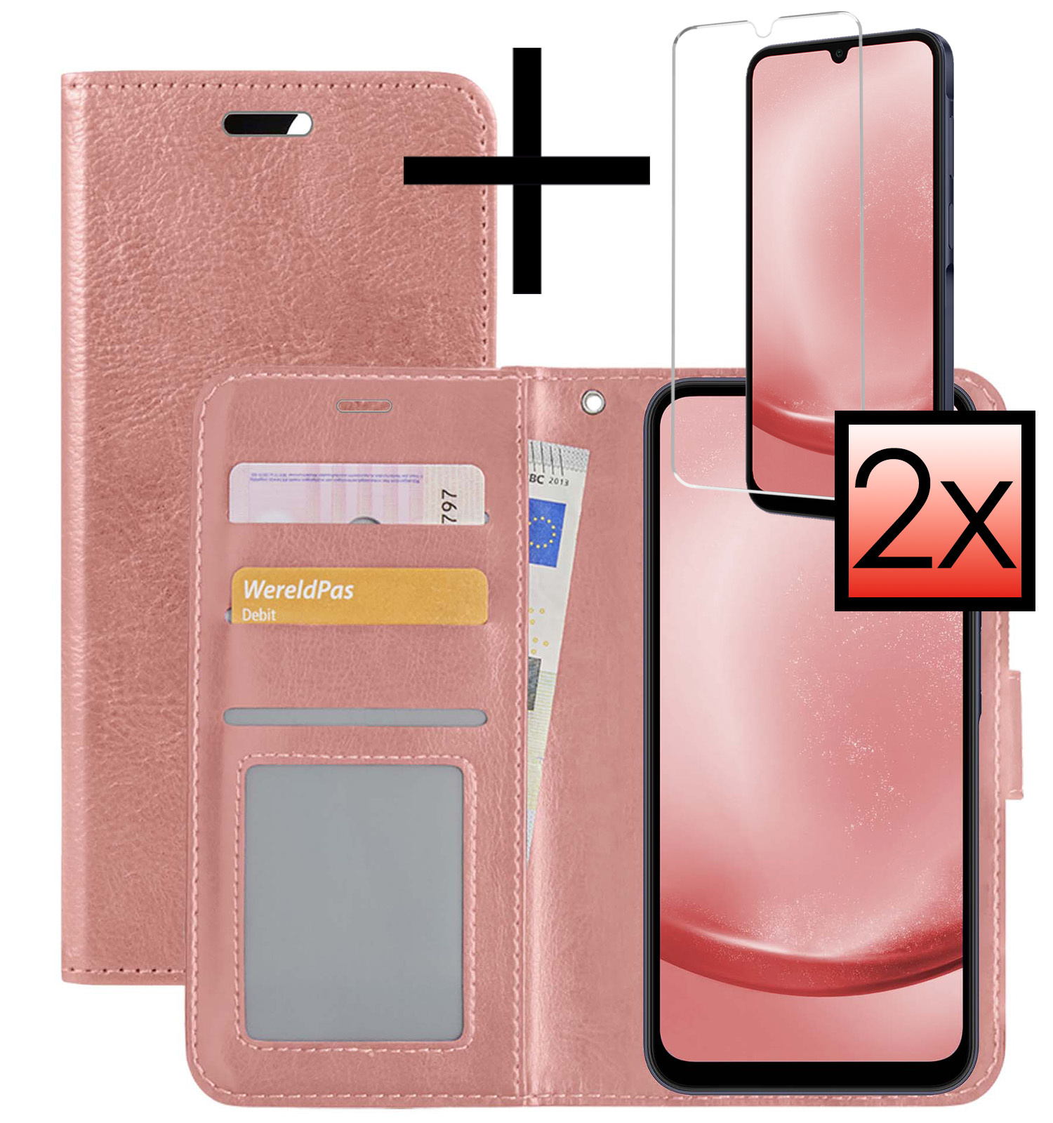 NoXx Hoes Geschikt voor Samsung A25 Hoesje Book Case Hoes Flip Cover Wallet Bookcase Met 2x Screenprotector - Rosé goud