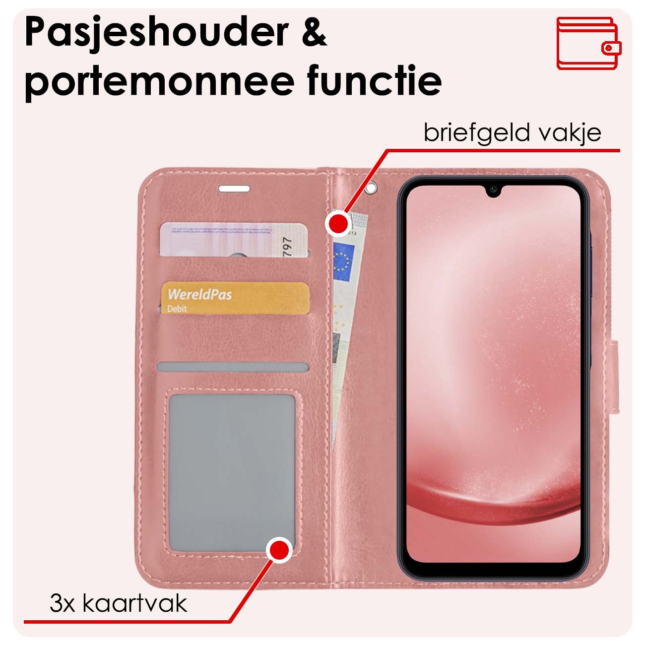 NoXx Hoes Geschikt voor Samsung A25 Hoesje Book Case Hoes Flip Cover Wallet Bookcase Met 2x Screenprotector - Rosé goud