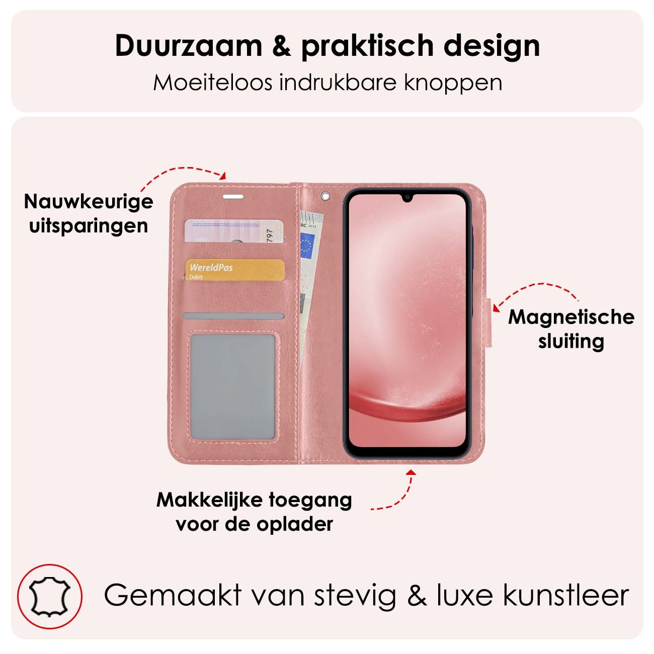 NoXx Hoes Geschikt voor Samsung A25 Hoesje Book Case Hoes Flip Cover Wallet Bookcase Met 2x Screenprotector - Rosé goud