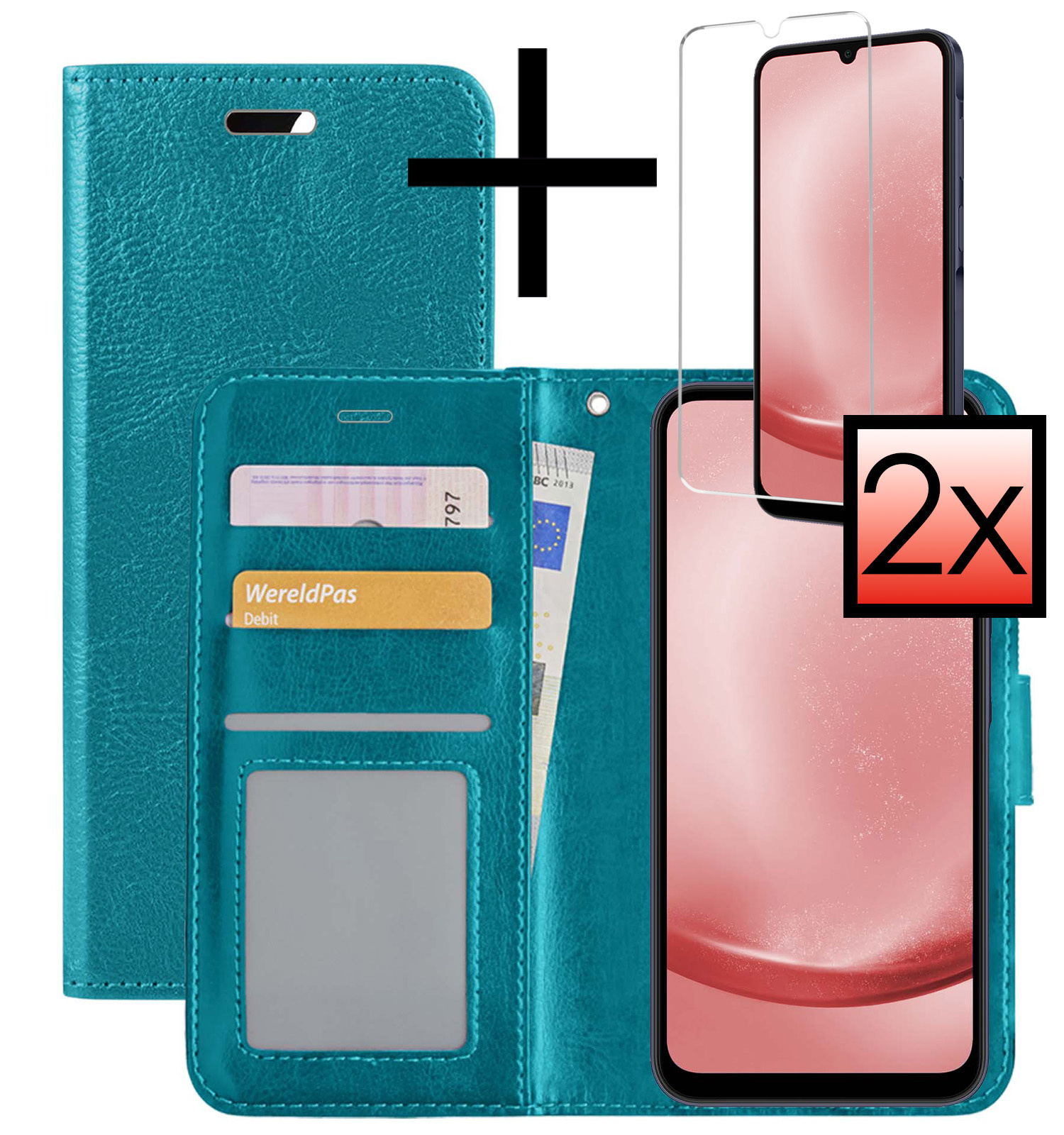 NoXx Hoes Geschikt voor Samsung A25 Hoesje Book Case Hoes Flip Cover Wallet Bookcase Met 2x Screenprotector - Turquoise