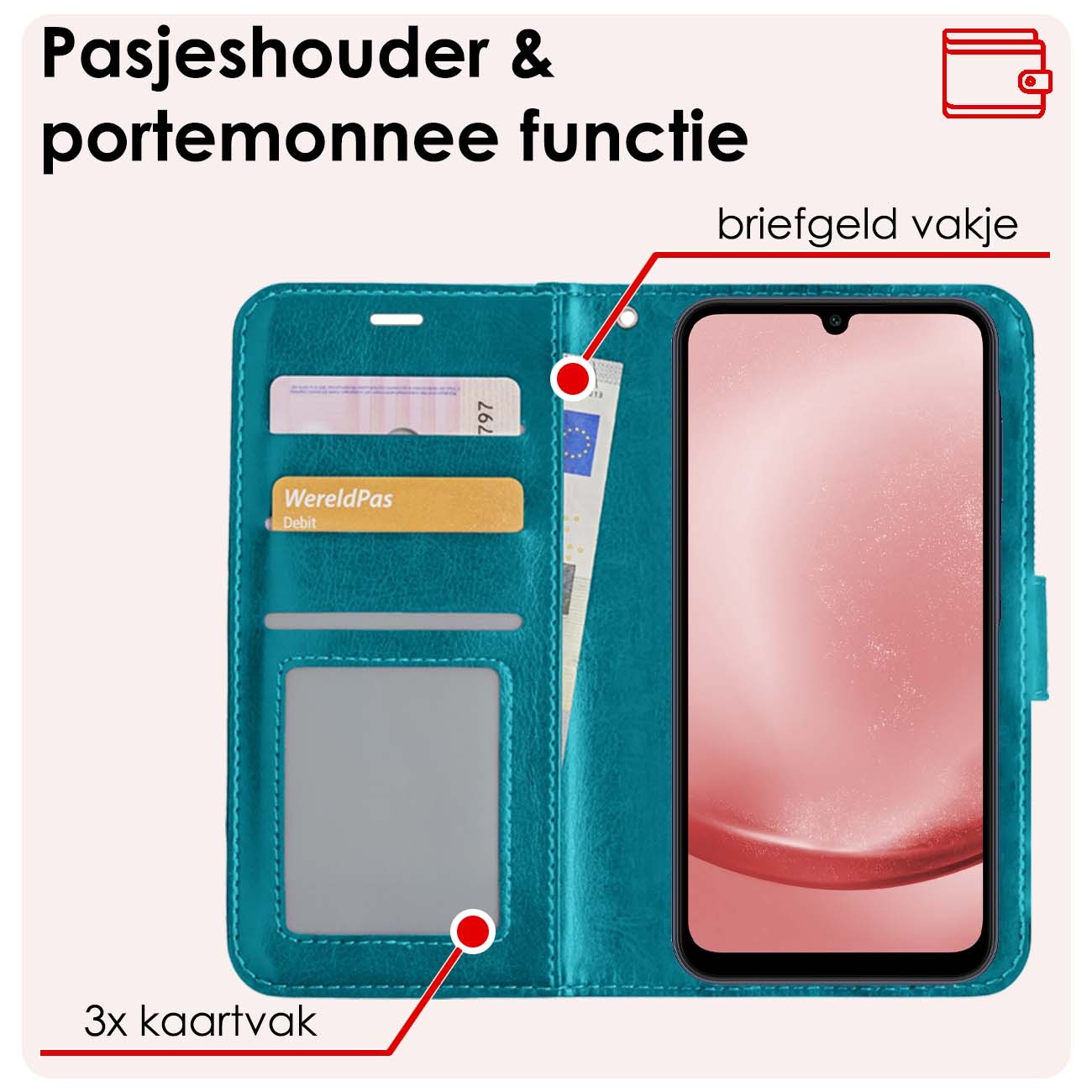 NoXx Hoes Geschikt voor Samsung A25 Hoesje Book Case Hoes Flip Cover Wallet Bookcase Met 2x Screenprotector - Turquoise