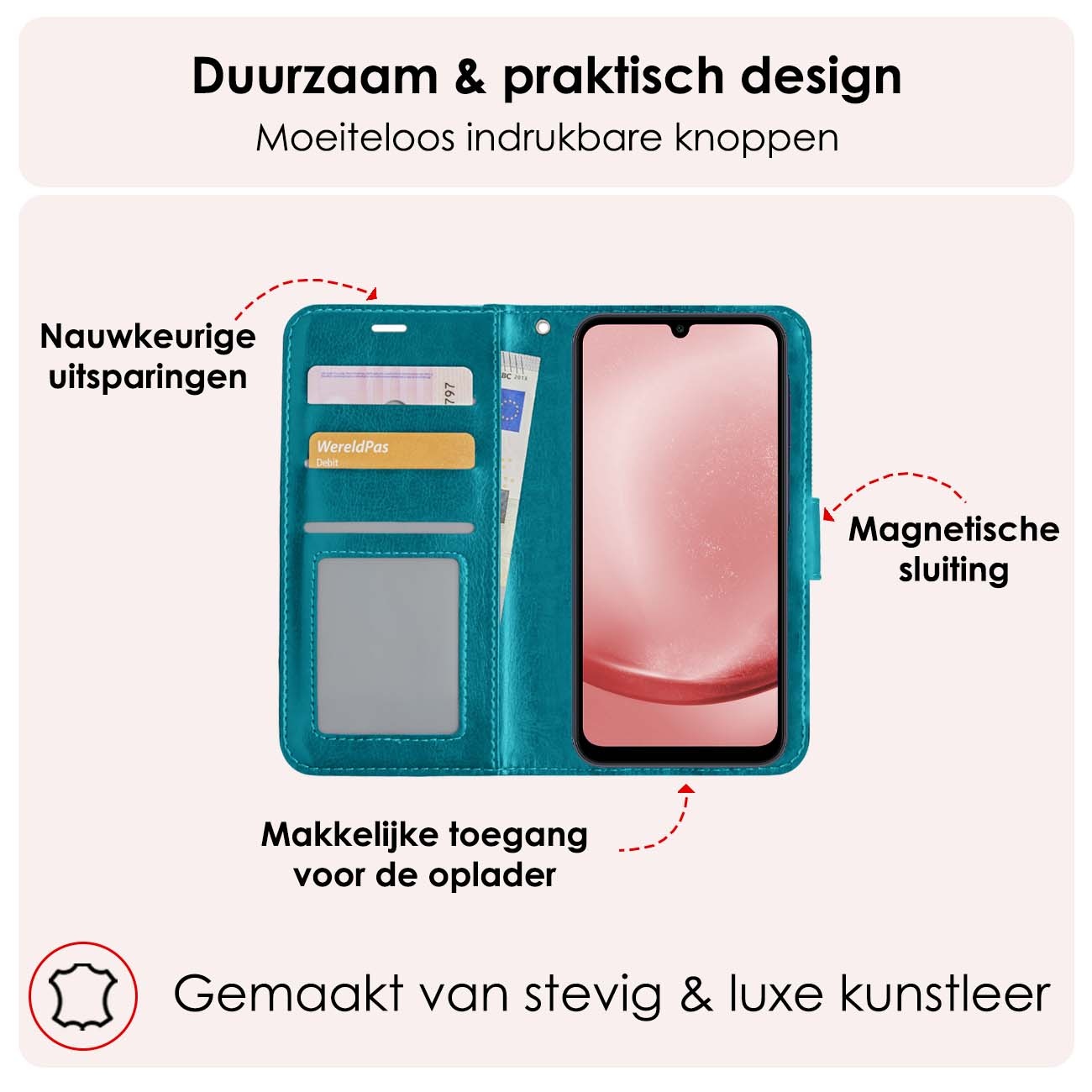 NoXx Hoes Geschikt voor Samsung A25 Hoesje Book Case Hoes Flip Cover Wallet Bookcase Met 2x Screenprotector - Turquoise