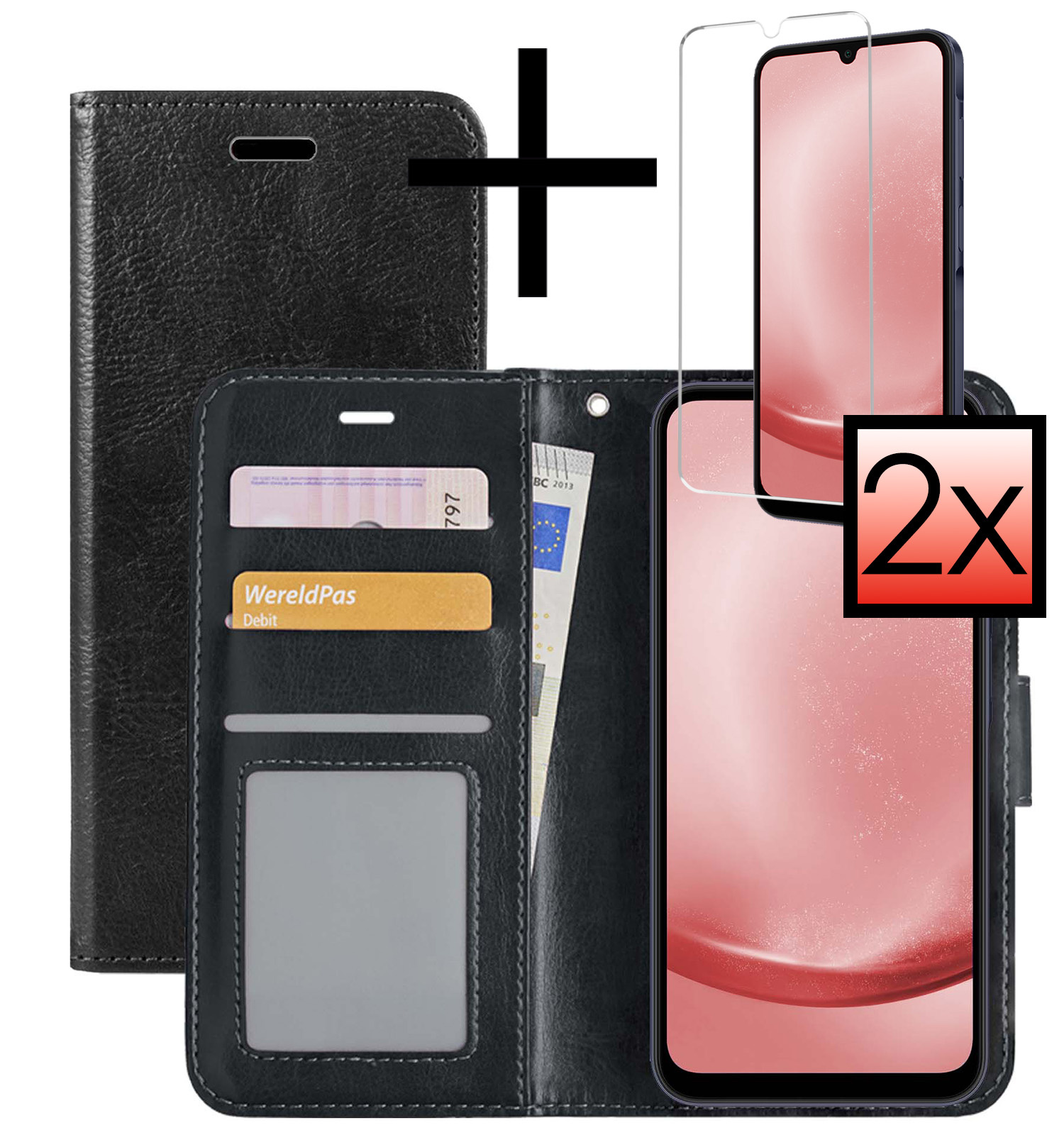 NoXx Hoes Geschikt voor Samsung A25 Hoesje Book Case Hoes Flip Cover Wallet Bookcase Met 2x Screenprotector - Zwart
