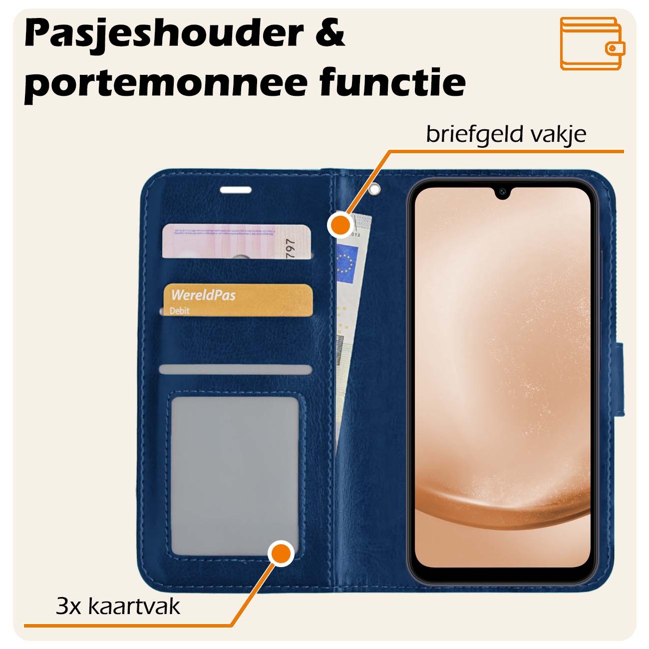 Nomfy Hoesje Geschikt voor Samsung A25 Hoes Bookcase Flipcase Book Cover - Hoes Geschikt voor Samsung Galaxy A25 Hoesje Book Case - Donkerblauw