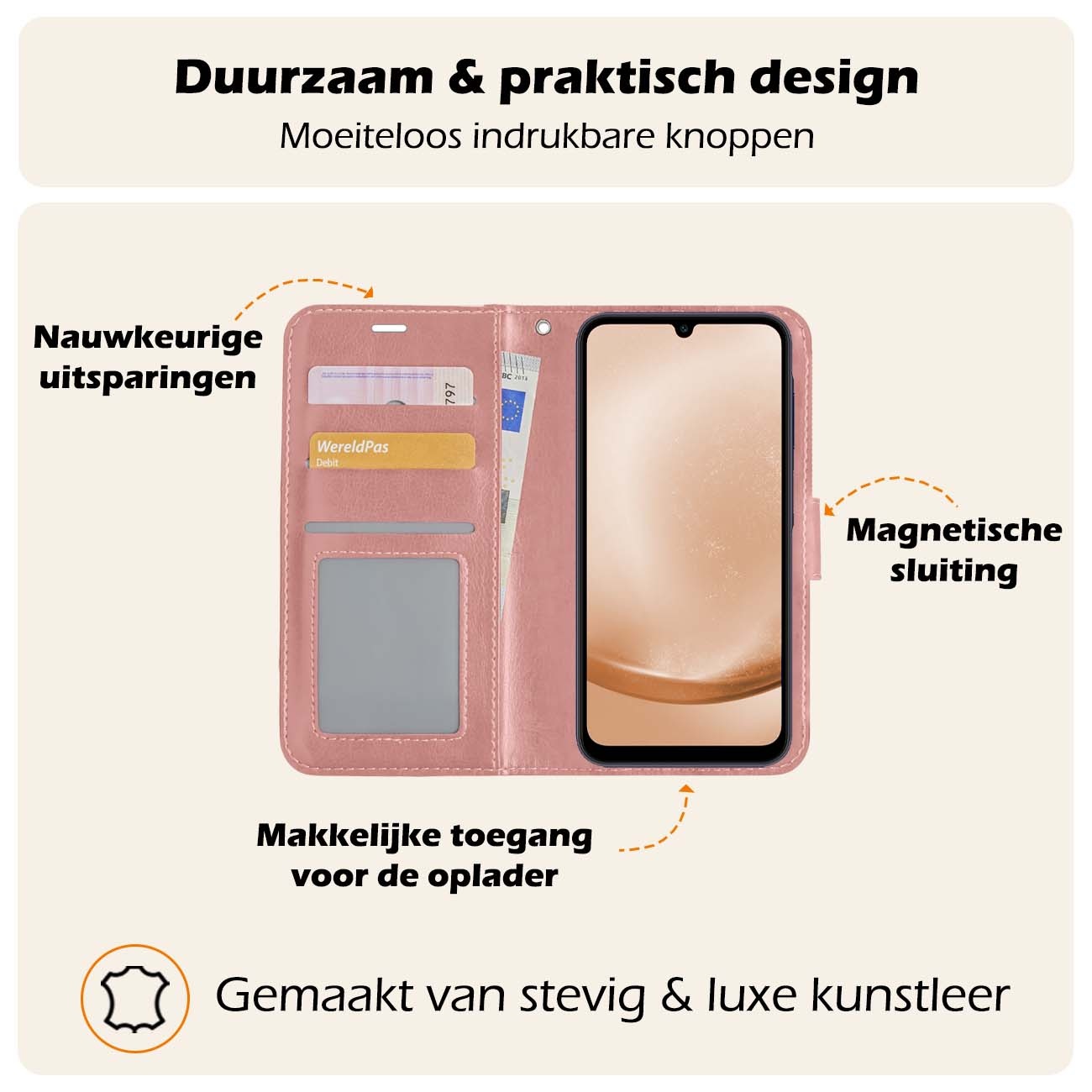 Nomfy Hoesje Geschikt voor Samsung A25 Hoes Bookcase Flipcase Book Cover - Hoes Geschikt voor Samsung Galaxy A25 Hoesje Book Case - Rosé goud