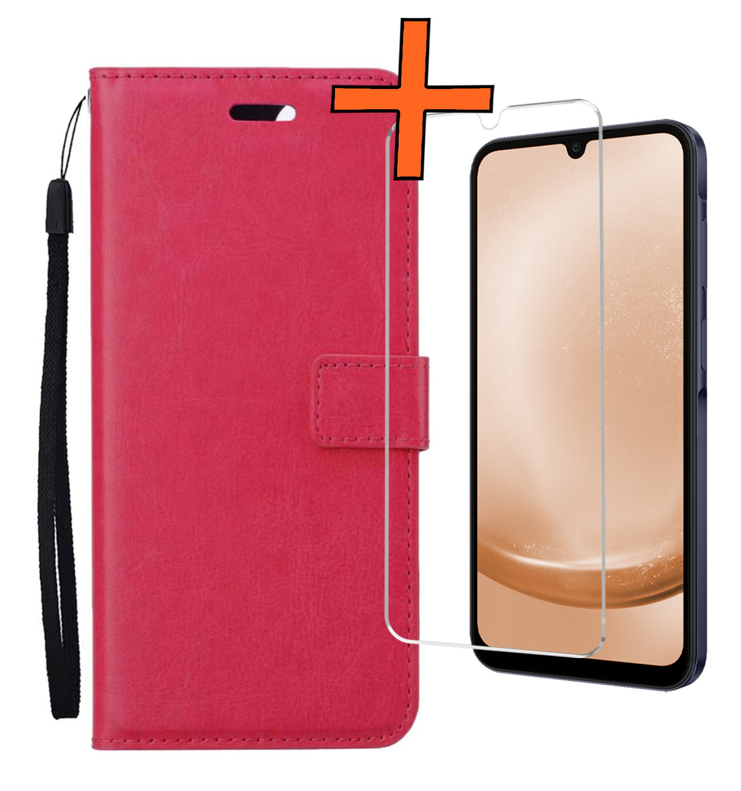 Nomfy Hoesje Geschikt voor Samsung A25 Hoes Bookcase Flipcase Book Cover Met Screenprotector - Hoes Geschikt voor Samsung Galaxy A25 Hoesje Book Case - Donkerroze