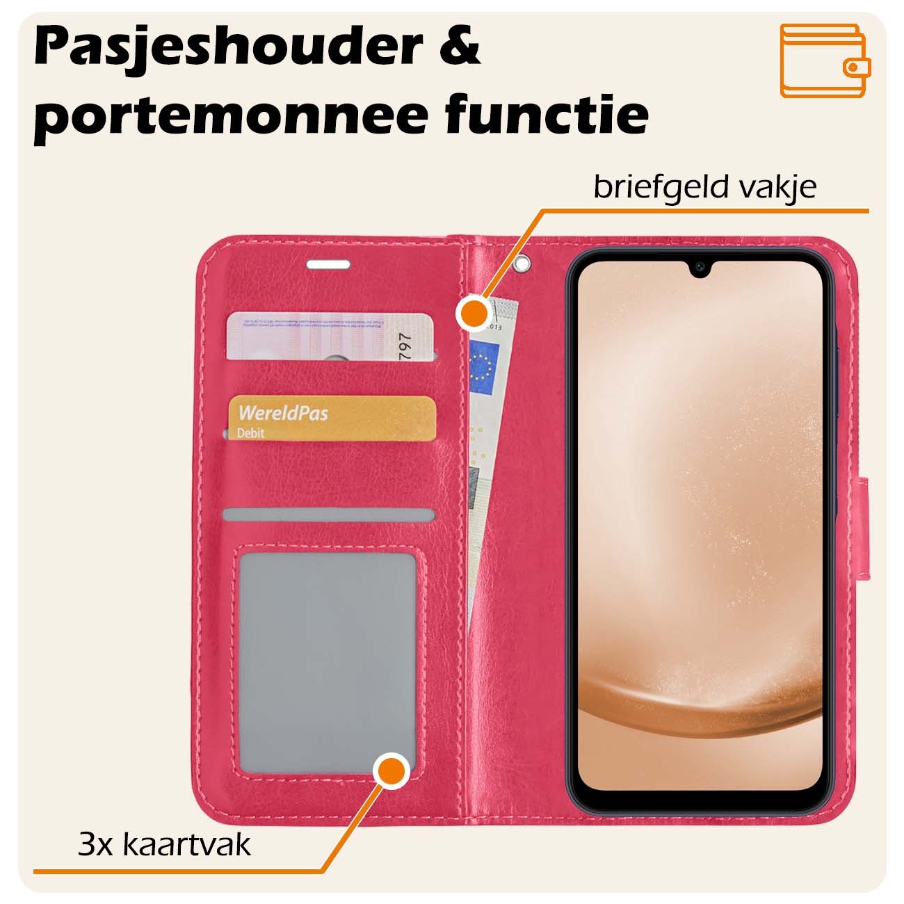 Nomfy Hoesje Geschikt voor Samsung A25 Hoes Bookcase Flipcase Book Cover Met Screenprotector - Hoes Geschikt voor Samsung Galaxy A25 Hoesje Book Case - Donkerroze