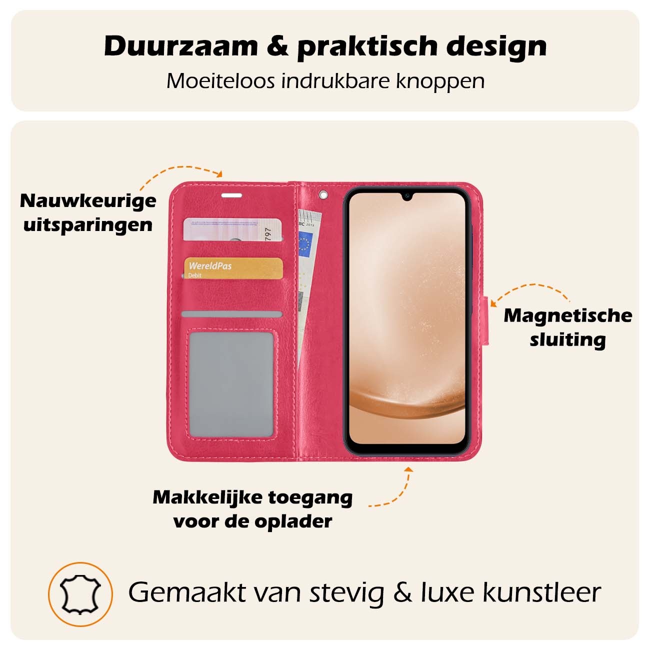 Nomfy Hoesje Geschikt voor Samsung A25 Hoes Bookcase Flipcase Book Cover Met Screenprotector - Hoes Geschikt voor Samsung Galaxy A25 Hoesje Book Case - Donkerroze