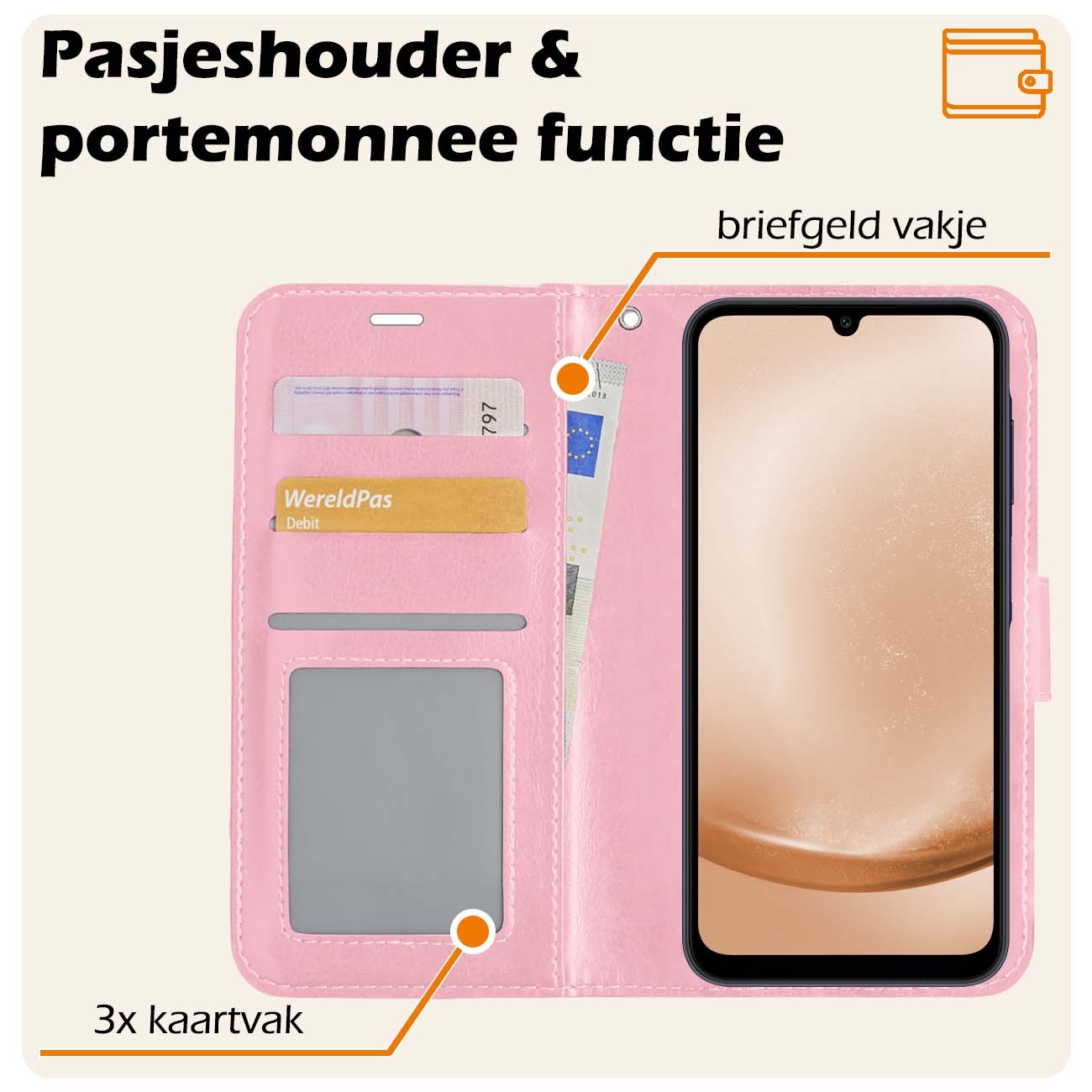 Nomfy Hoesje Geschikt voor Samsung A25 Hoes Bookcase Flipcase Book Cover Met Screenprotector - Hoes Geschikt voor Samsung Galaxy A25 Hoesje Book Case - Lichtroze