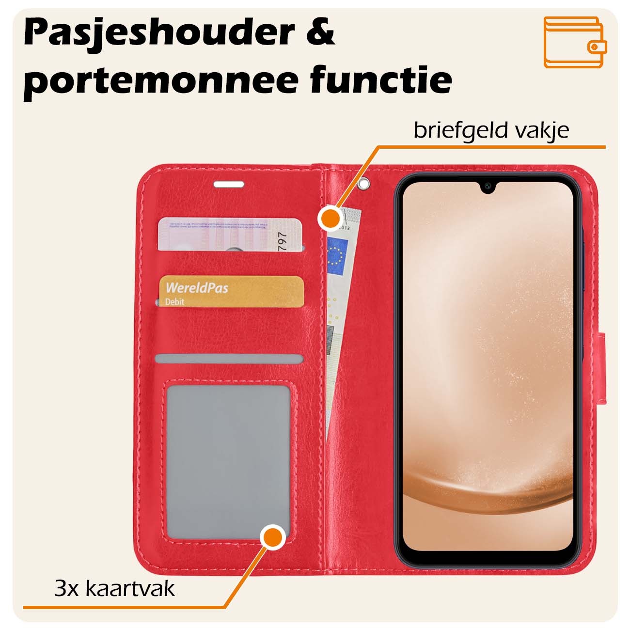 Nomfy Hoesje Geschikt voor Samsung A25 Hoes Bookcase Flipcase Book Cover Met Screenprotector - Hoes Geschikt voor Samsung Galaxy A25 Hoesje Book Case - Rood