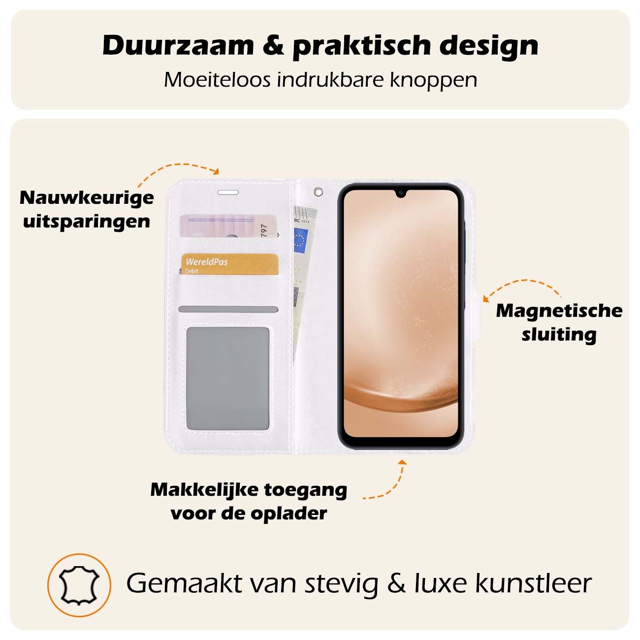 Nomfy Hoesje Geschikt voor Samsung A25 Hoes Bookcase Flipcase Book Cover Met Screenprotector - Hoes Geschikt voor Samsung Galaxy A25 Hoesje Book Case - Wit