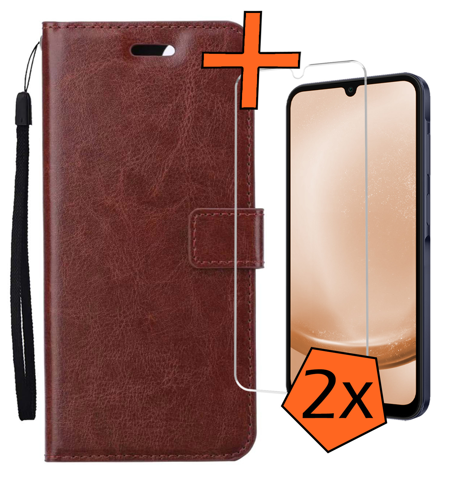 Nomfy Hoesje Geschikt voor Samsung A25 Hoes Bookcase Flipcase Book Cover Met 2x Screenprotector - Hoes Geschikt voor Samsung Galaxy A25 Hoesje Book Case - Bruin