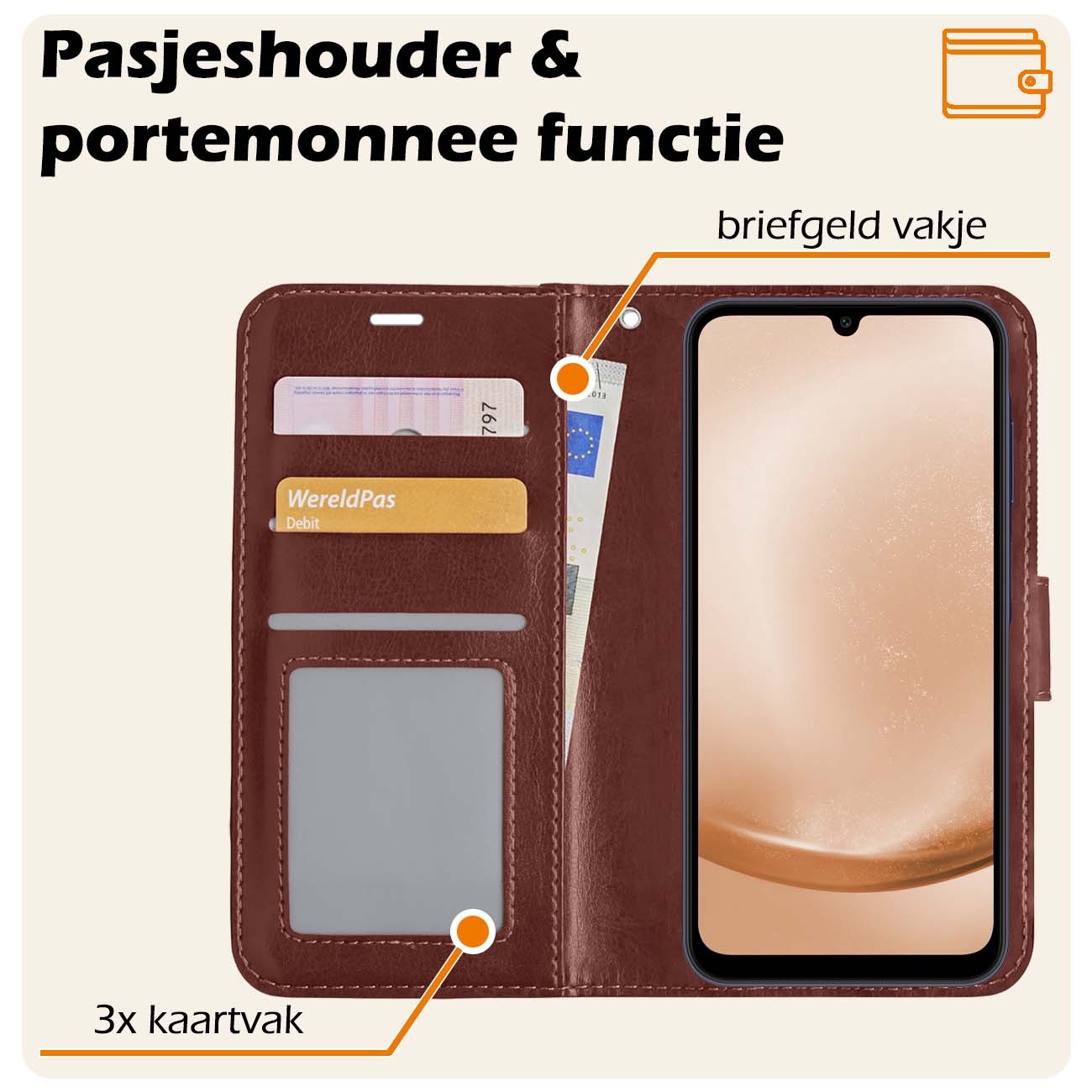 Nomfy Hoesje Geschikt voor Samsung A25 Hoes Bookcase Flipcase Book Cover Met 2x Screenprotector - Hoes Geschikt voor Samsung Galaxy A25 Hoesje Book Case - Bruin