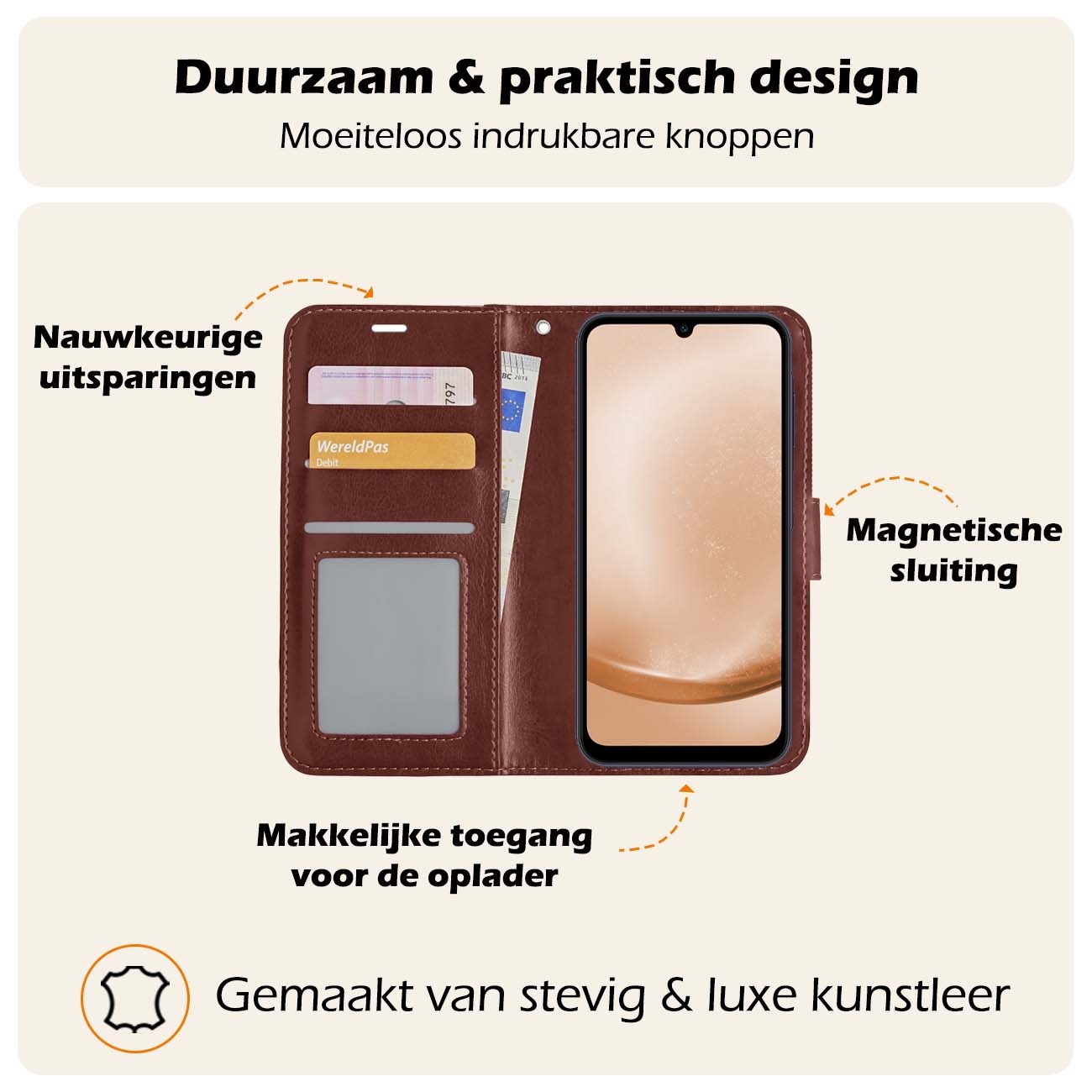 Nomfy Hoesje Geschikt voor Samsung A25 Hoes Bookcase Flipcase Book Cover Met 2x Screenprotector - Hoes Geschikt voor Samsung Galaxy A25 Hoesje Book Case - Bruin