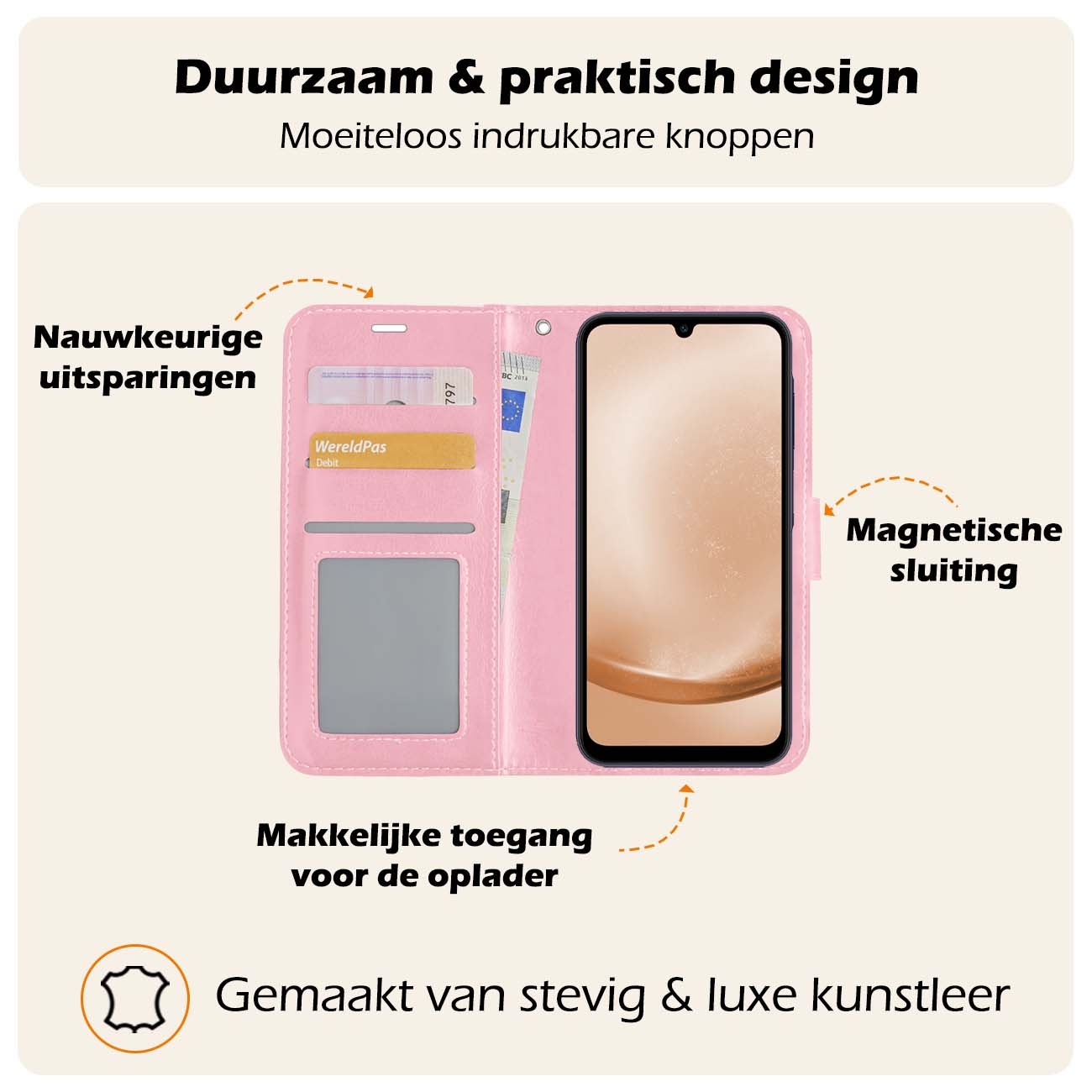 Nomfy Hoesje Geschikt voor Samsung A25 Hoes Bookcase Flipcase Book Cover Met 2x Screenprotector - Hoes Geschikt voor Samsung Galaxy A25 Hoesje Book Case - Lichtroze