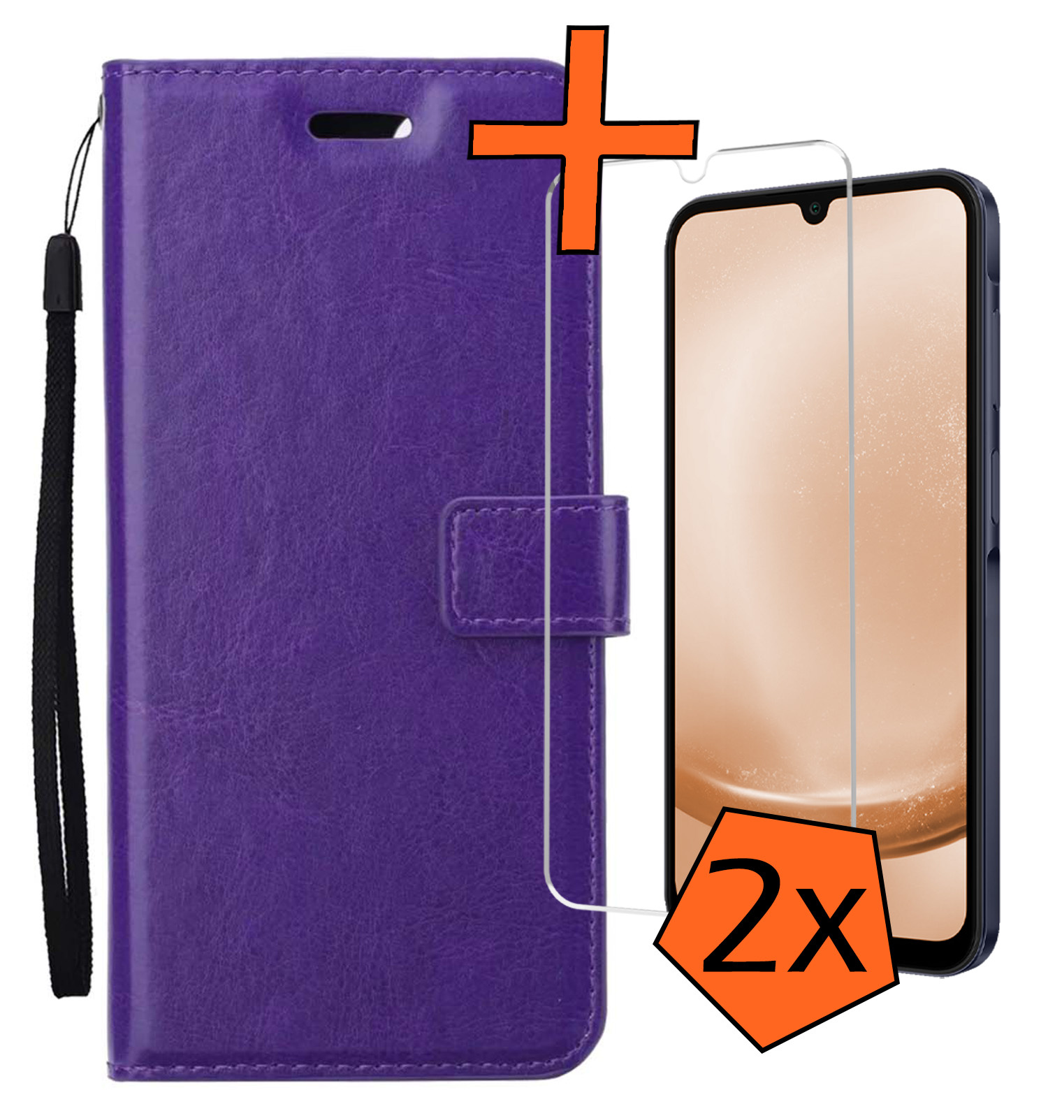 Nomfy Hoesje Geschikt voor Samsung A25 Hoes Bookcase Flipcase Book Cover Met 2x Screenprotector - Hoes Geschikt voor Samsung Galaxy A25 Hoesje Book Case - Paars