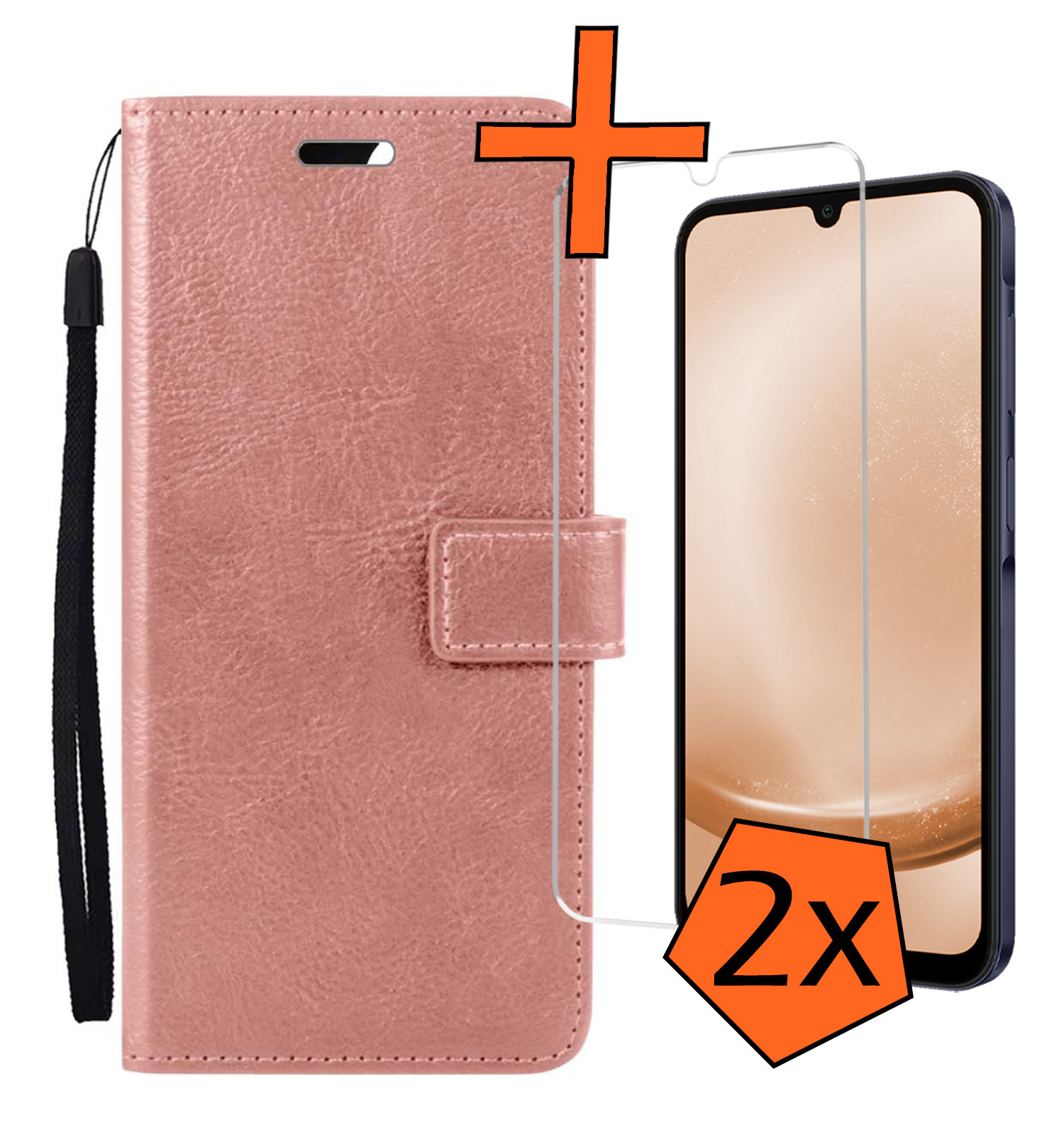 Nomfy Hoesje Geschikt voor Samsung A25 Hoes Bookcase Flipcase Book Cover Met 2x Screenprotector - Hoes Geschikt voor Samsung Galaxy A25 Hoesje Book Case - Rosé goud