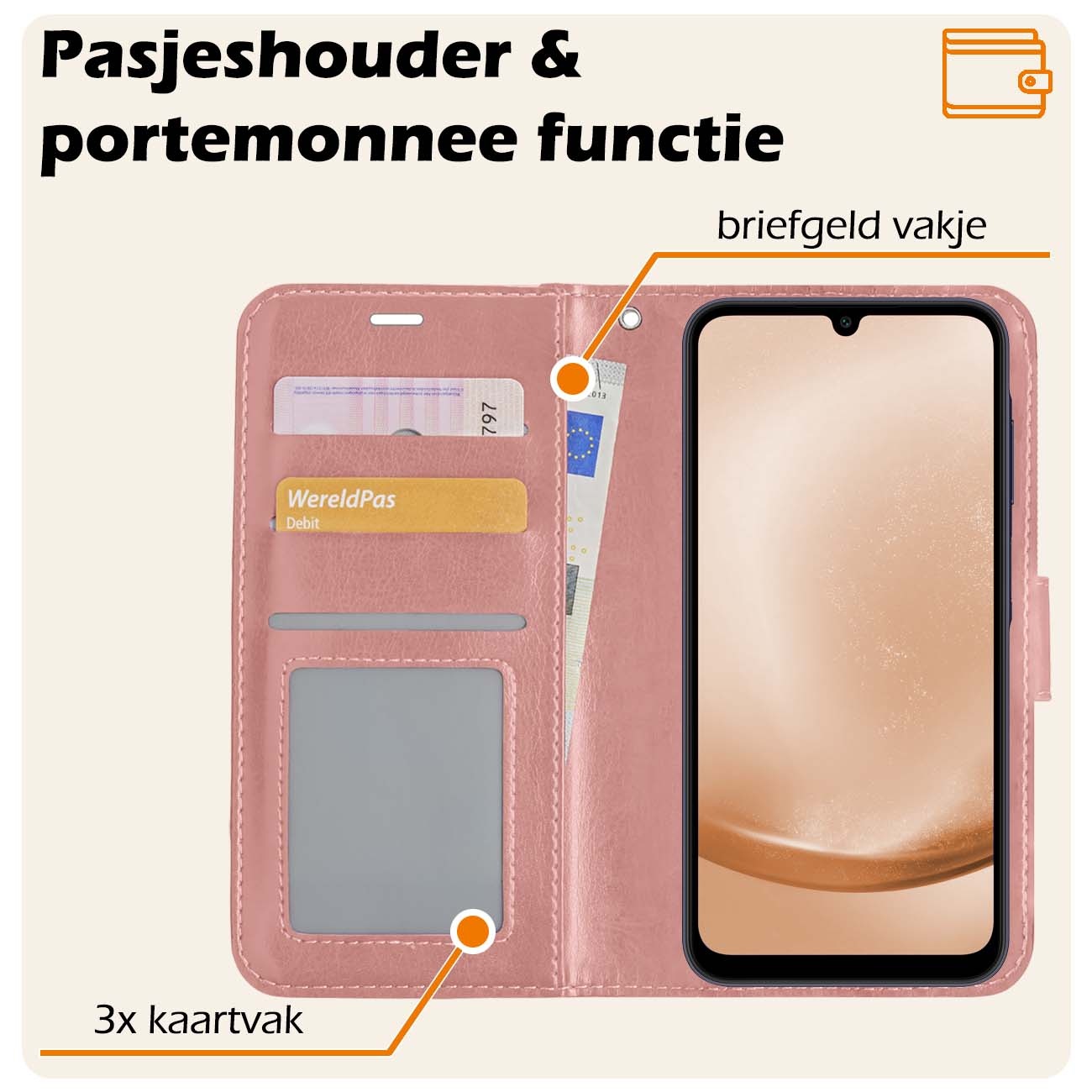 Nomfy Hoesje Geschikt voor Samsung A25 Hoes Bookcase Flipcase Book Cover Met 2x Screenprotector - Hoes Geschikt voor Samsung Galaxy A25 Hoesje Book Case - Rosé goud