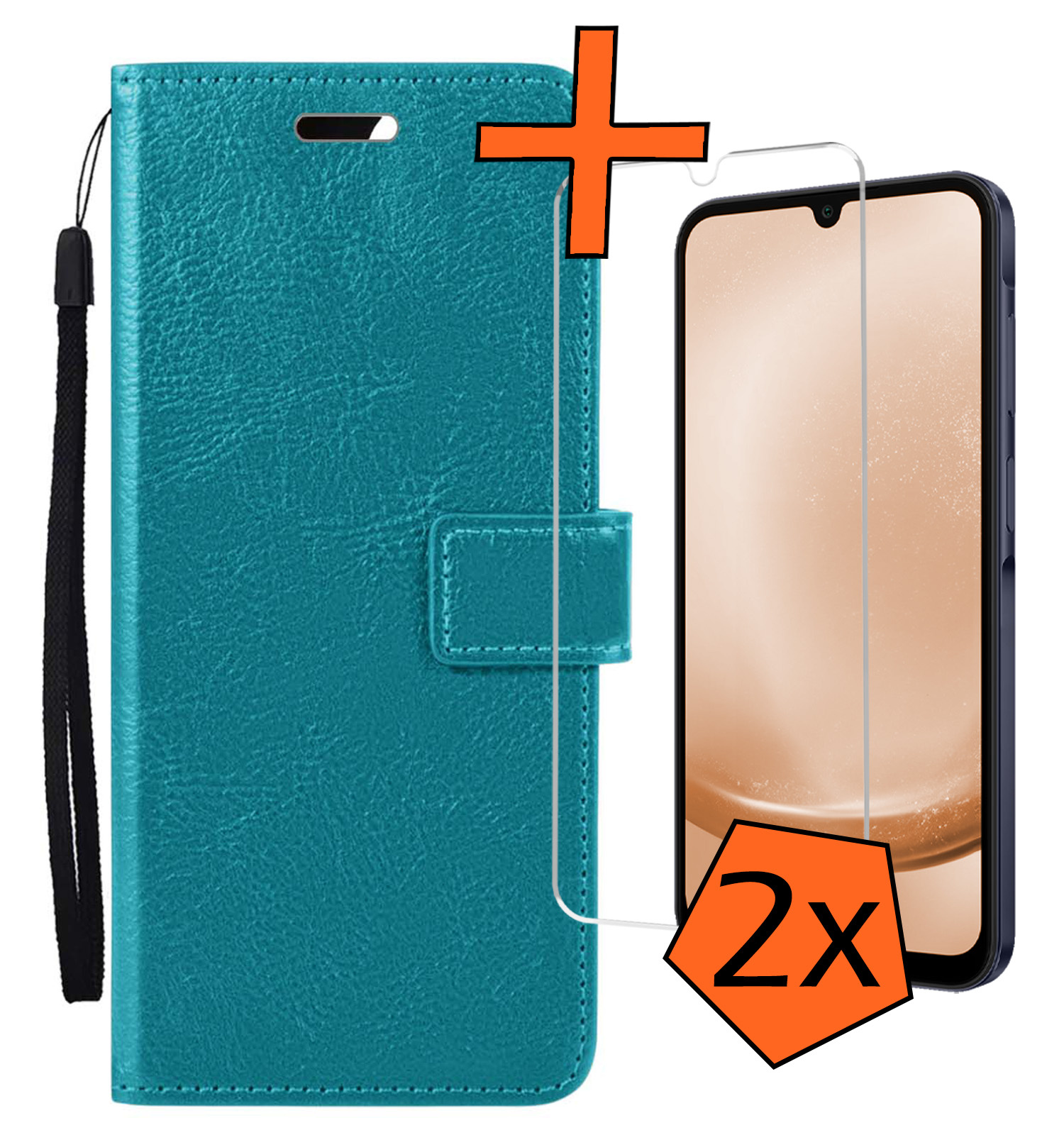 Nomfy Hoesje Geschikt voor Samsung A25 Hoes Bookcase Flipcase Book Cover Met 2x Screenprotector - Hoes Geschikt voor Samsung Galaxy A25 Hoesje Book Case - Turquoise