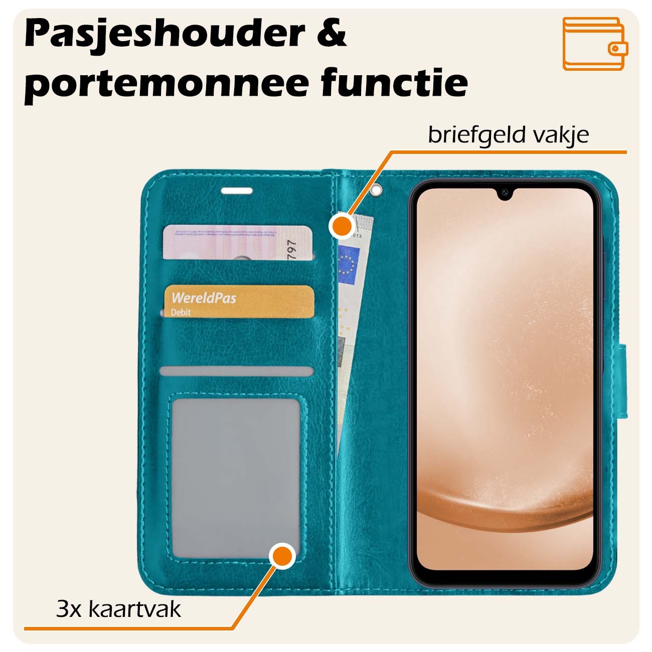 Nomfy Hoesje Geschikt voor Samsung A25 Hoes Bookcase Flipcase Book Cover Met 2x Screenprotector - Hoes Geschikt voor Samsung Galaxy A25 Hoesje Book Case - Turquoise