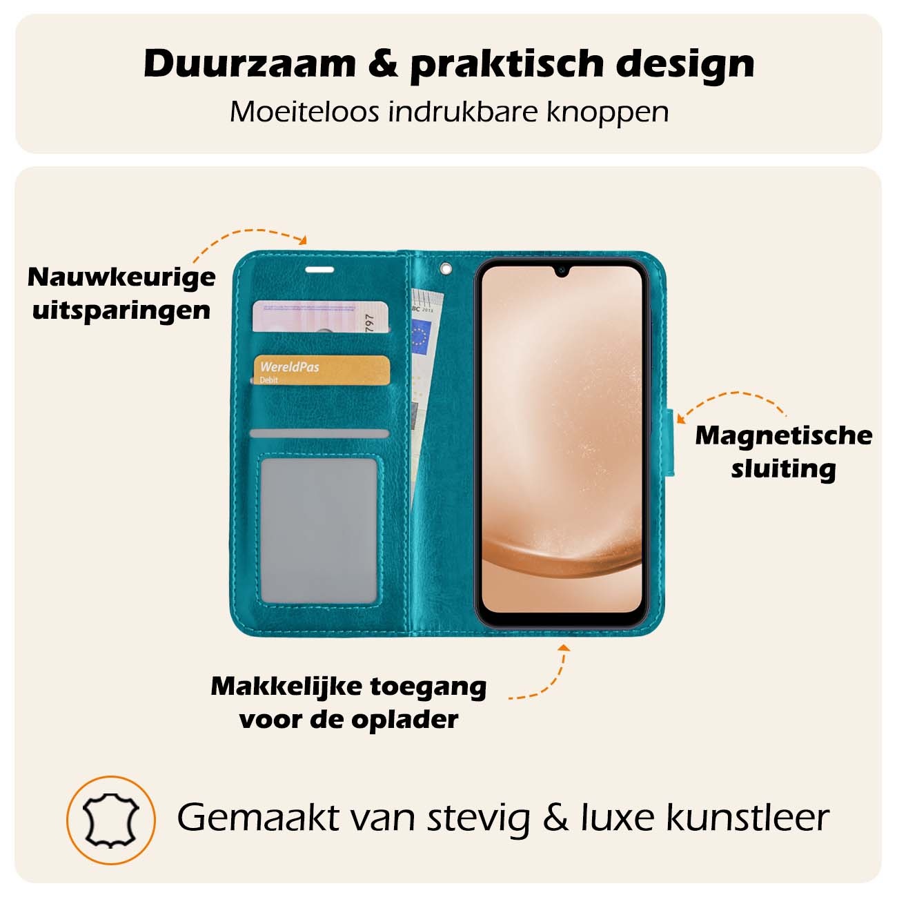 Nomfy Hoesje Geschikt voor Samsung A25 Hoes Bookcase Flipcase Book Cover Met 2x Screenprotector - Hoes Geschikt voor Samsung Galaxy A25 Hoesje Book Case - Turquoise