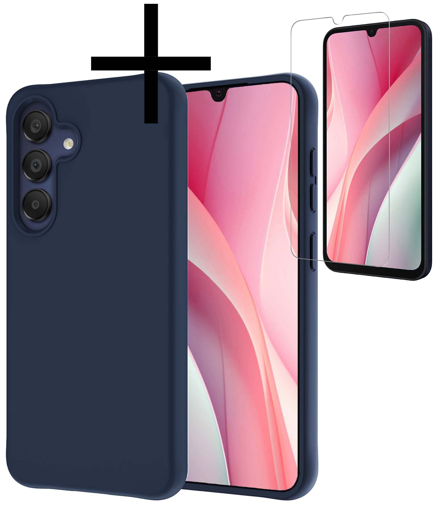 NoXx Hoes Geschikt voor Samsung A15 Hoesje Cover Siliconen Back Case Hoes Met Screenprotector - Donkerblauw