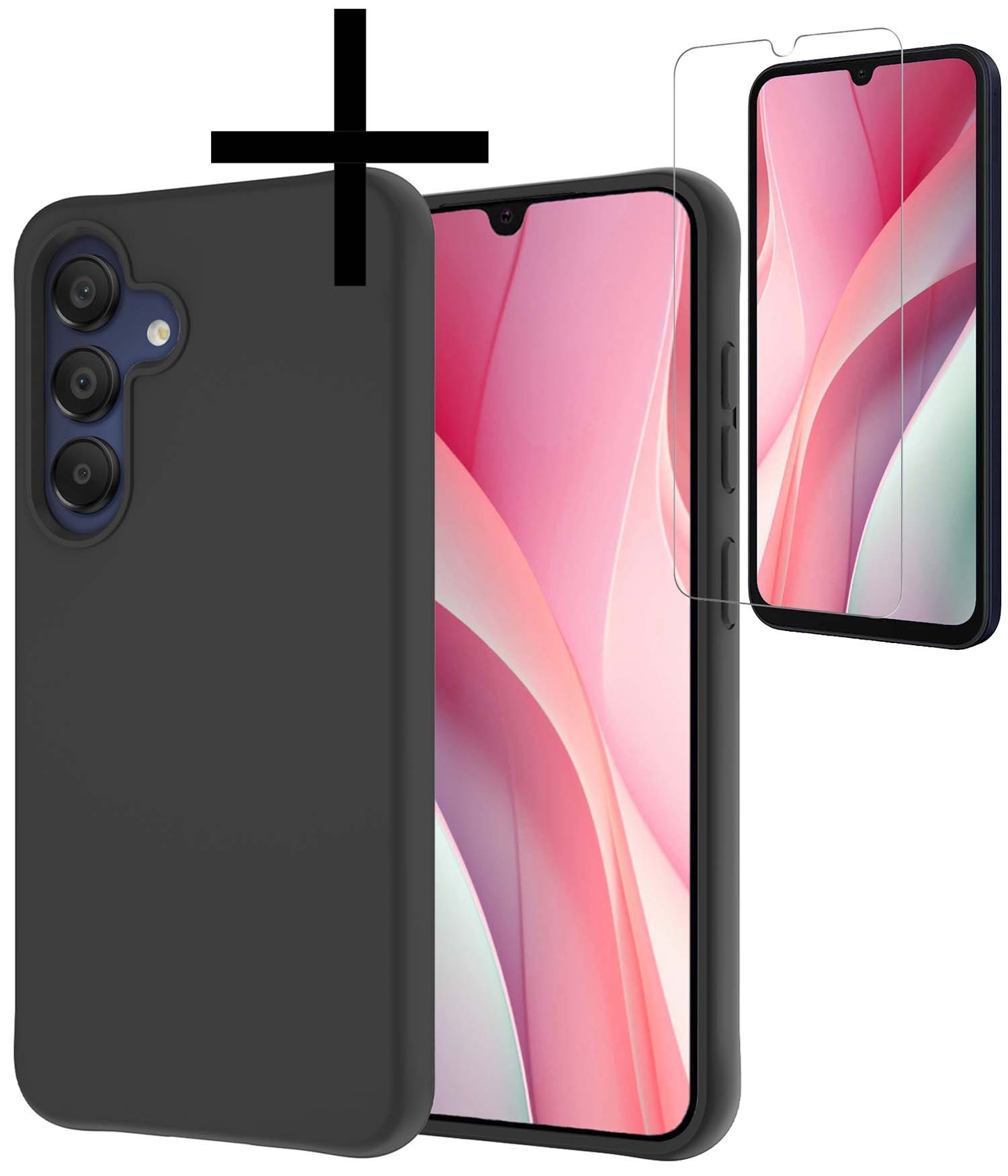 NoXx Hoes Geschikt voor Samsung A15 Hoesje Cover Siliconen Back Case Hoes Met Screenprotector - Zwart