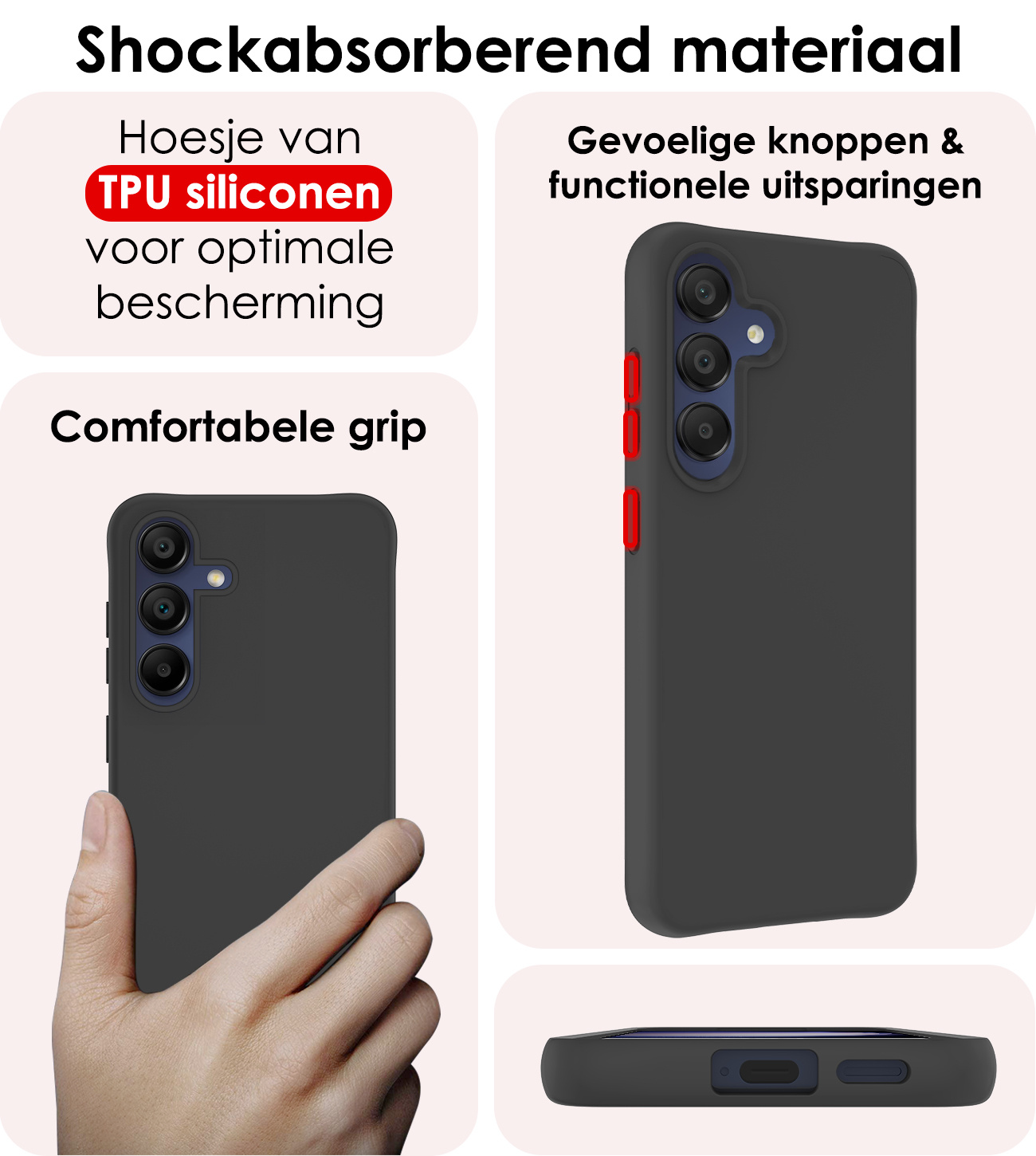 NoXx Hoes Geschikt voor Samsung A15 Hoesje Cover Siliconen Back Case Hoes Met Screenprotector - Zwart