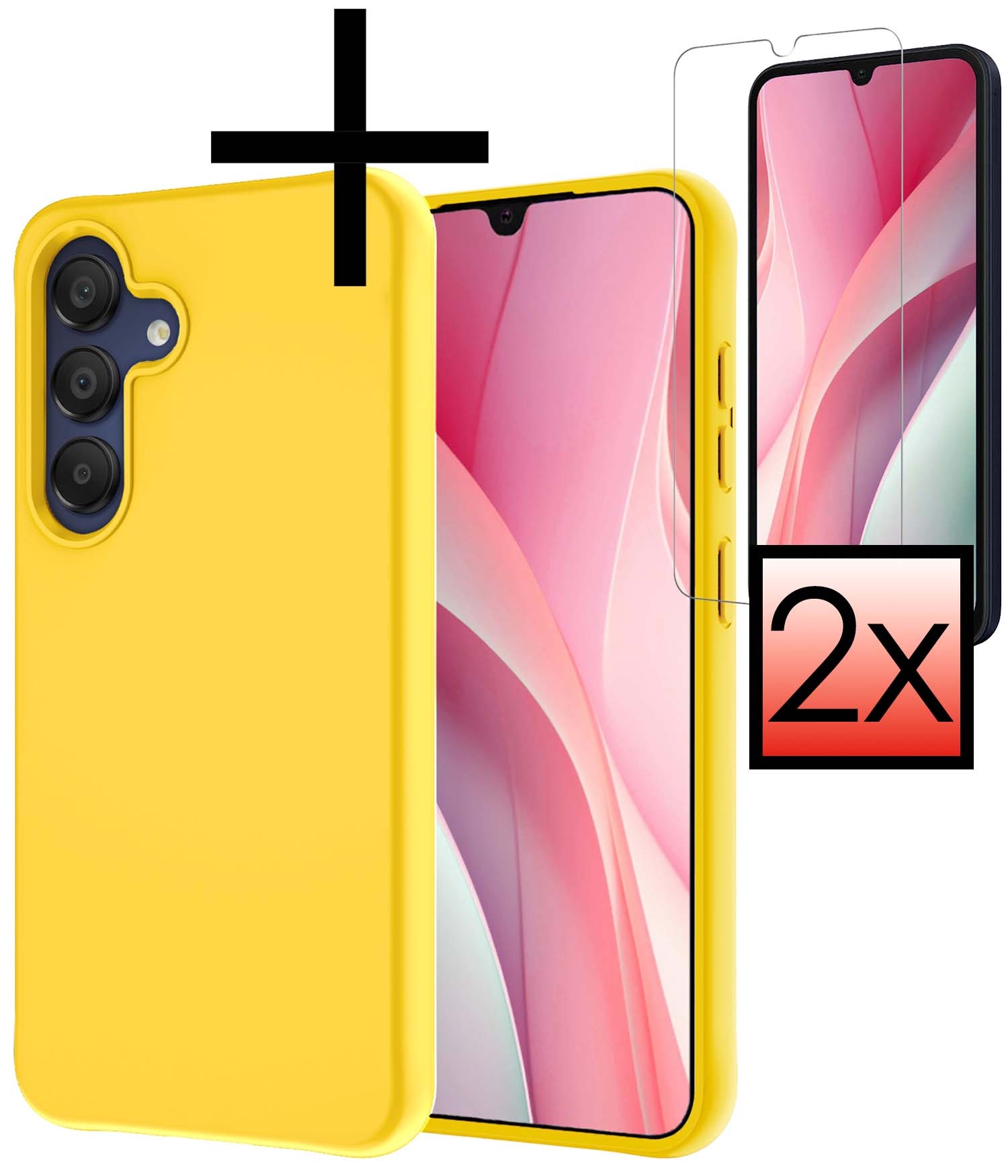 NoXx Hoes Geschikt voor Samsung A15 Hoesje Cover Siliconen Back Case Hoes Met 2x Screenprotector - Geel