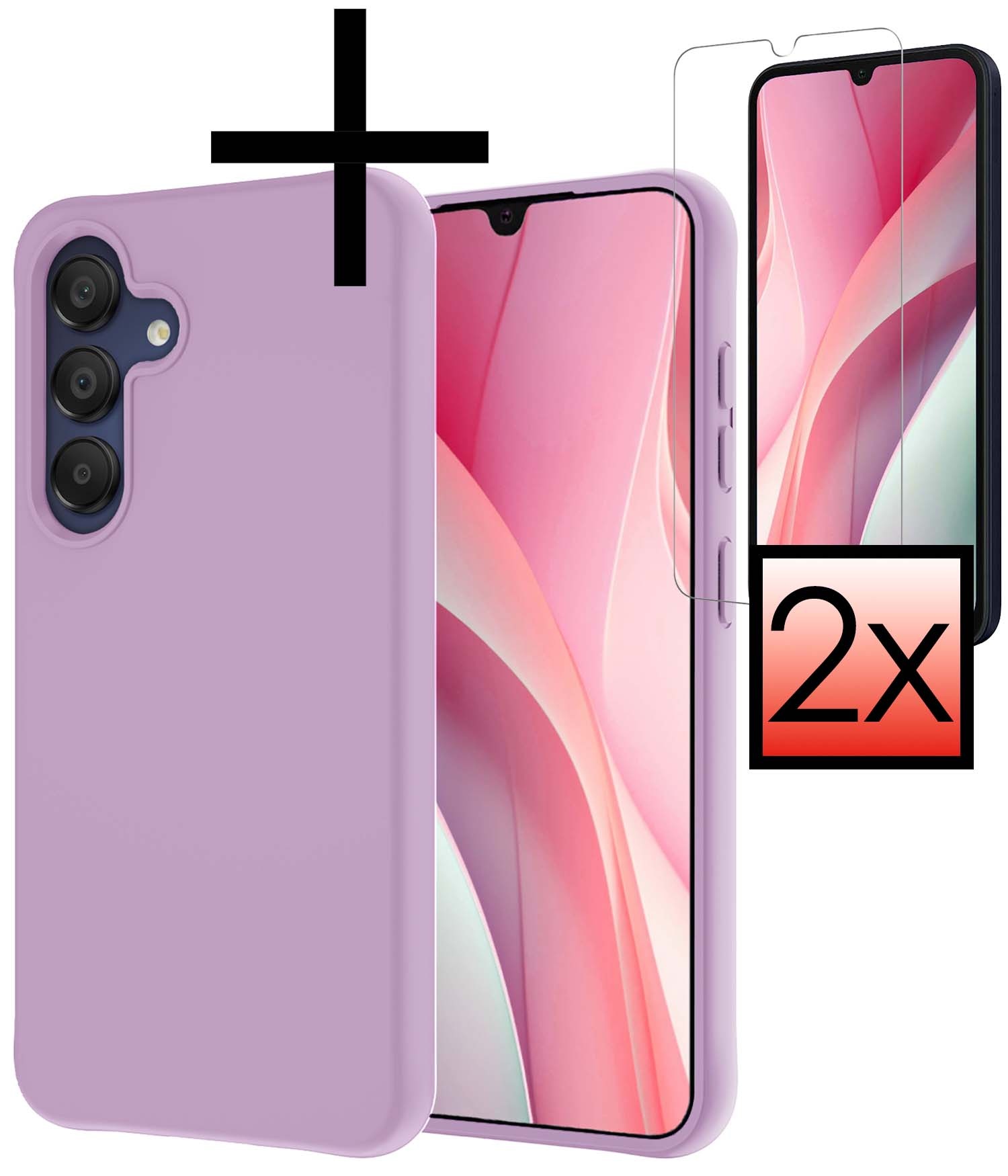NoXx Hoes Geschikt voor Samsung A15 Hoesje Cover Siliconen Back Case Hoes Met 2x Screenprotector - Lila