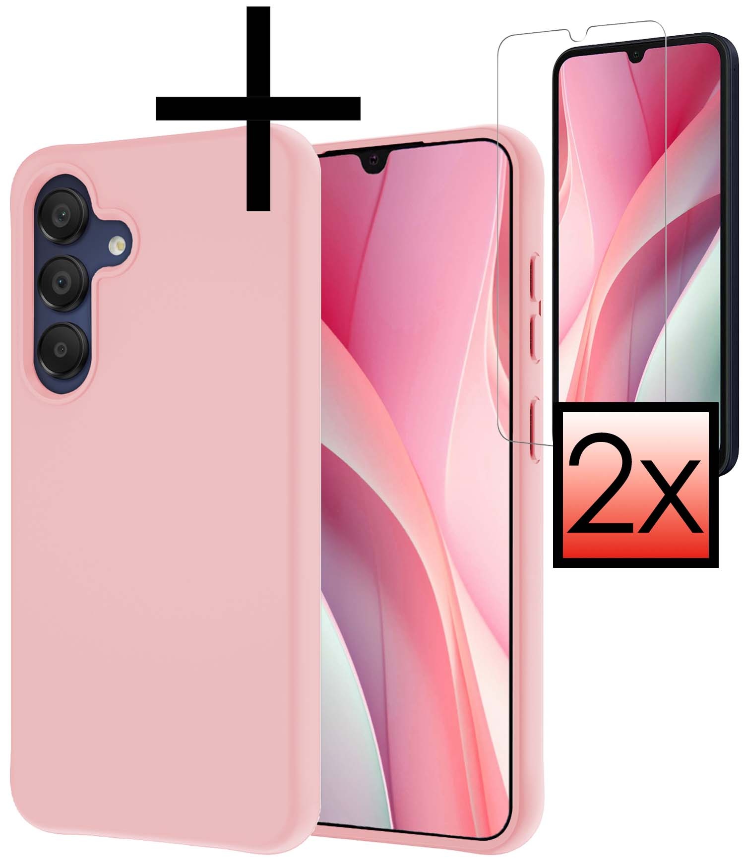 NoXx Hoes Geschikt voor Samsung A15 Hoesje Cover Siliconen Back Case Hoes Met 2x Screenprotector - Lichtroze