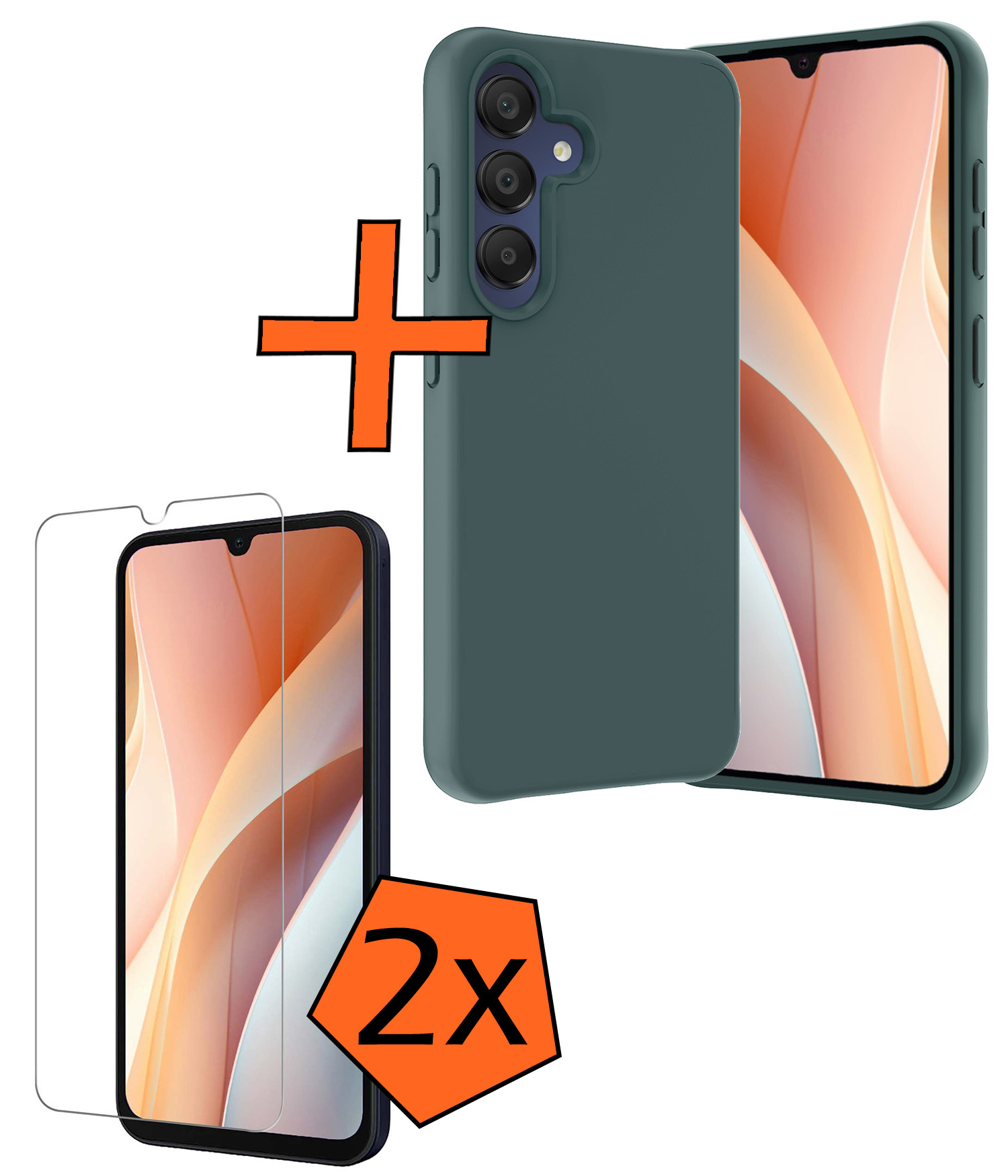 Nomfy Hoesje Geschikt voor Samsung A15 Hoesje Siliconen Cover Case Met 2x Screenprotector - Hoes Geschikt voor Samsung Galaxy A15 Hoes Back Case - Donkergroen
