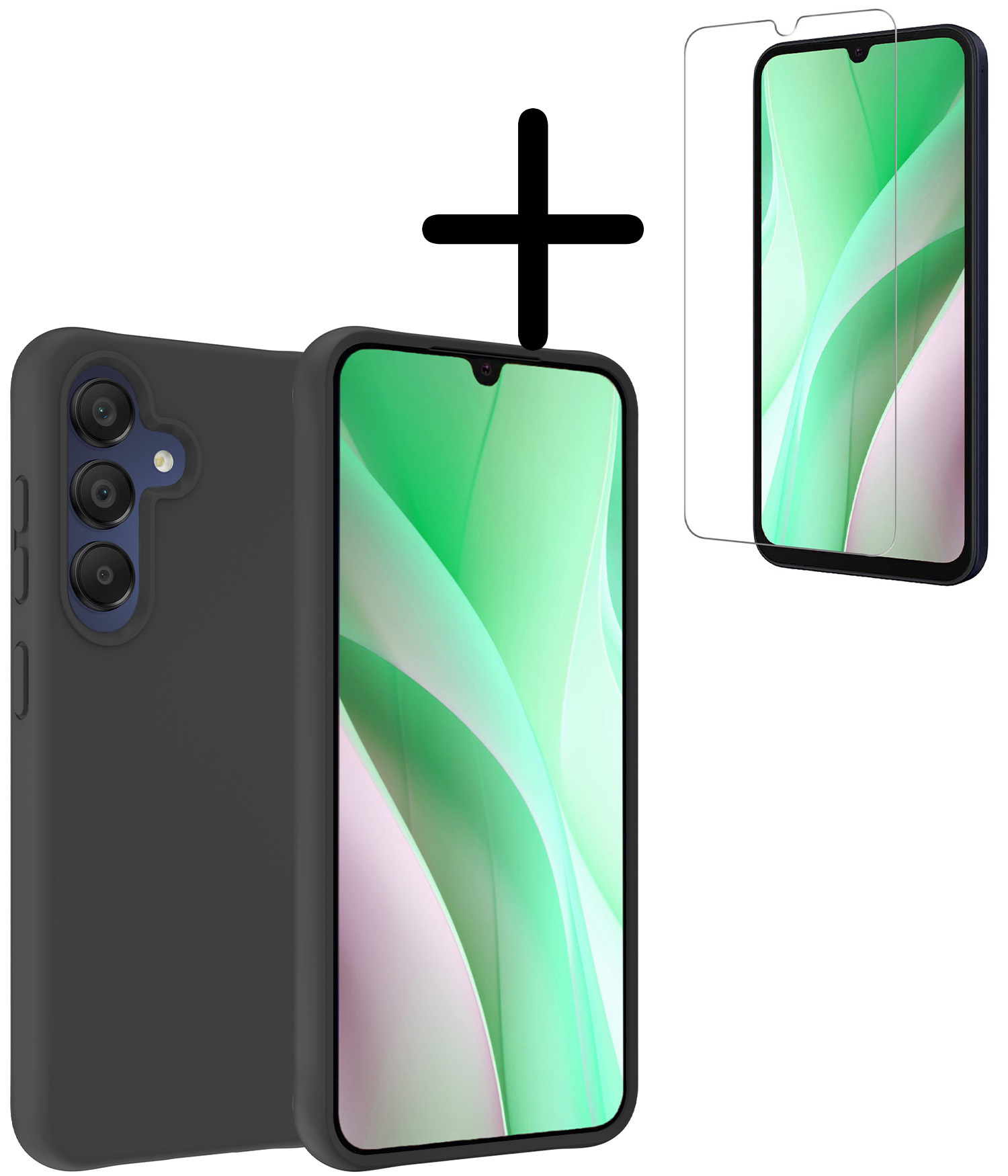 BASEY. Hoes Geschikt voor Samsung A15 Hoesje Siliconen Back Cover Case Met Screenprotector - Hoesje Geschikt voor Samsung Galaxy A15 Hoes Cover Hoesje - Zwart