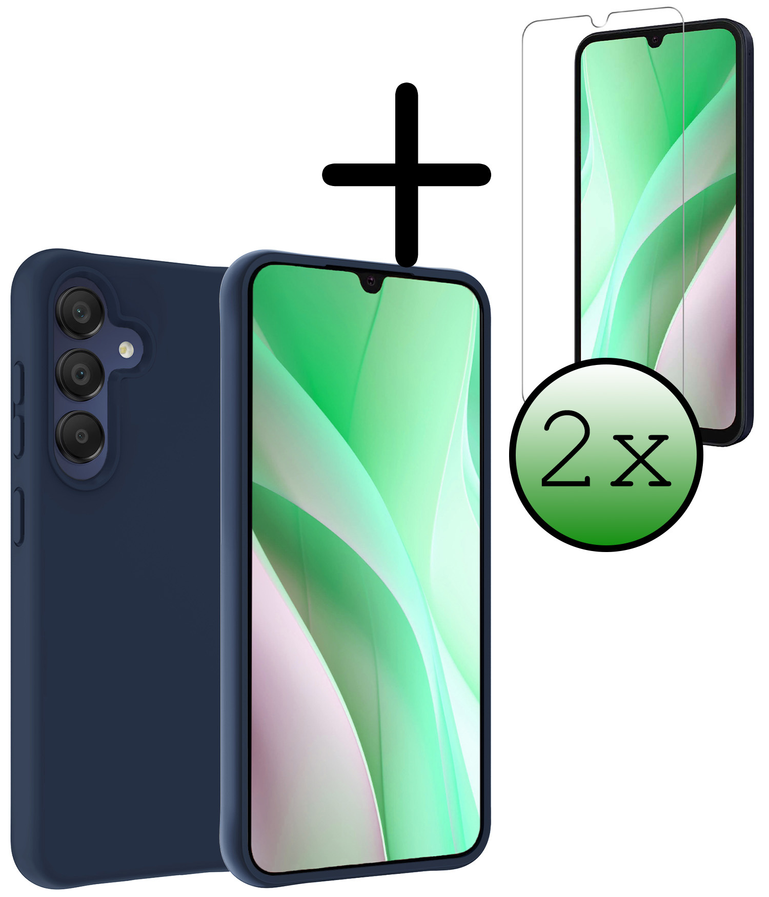 BASEY. Hoes Geschikt voor Samsung A15 Hoesje Siliconen Back Cover Case Met 2x Screenprotector - Hoesje Geschikt voor Samsung Galaxy A15 Hoes Cover Hoesje - Donkerblauw