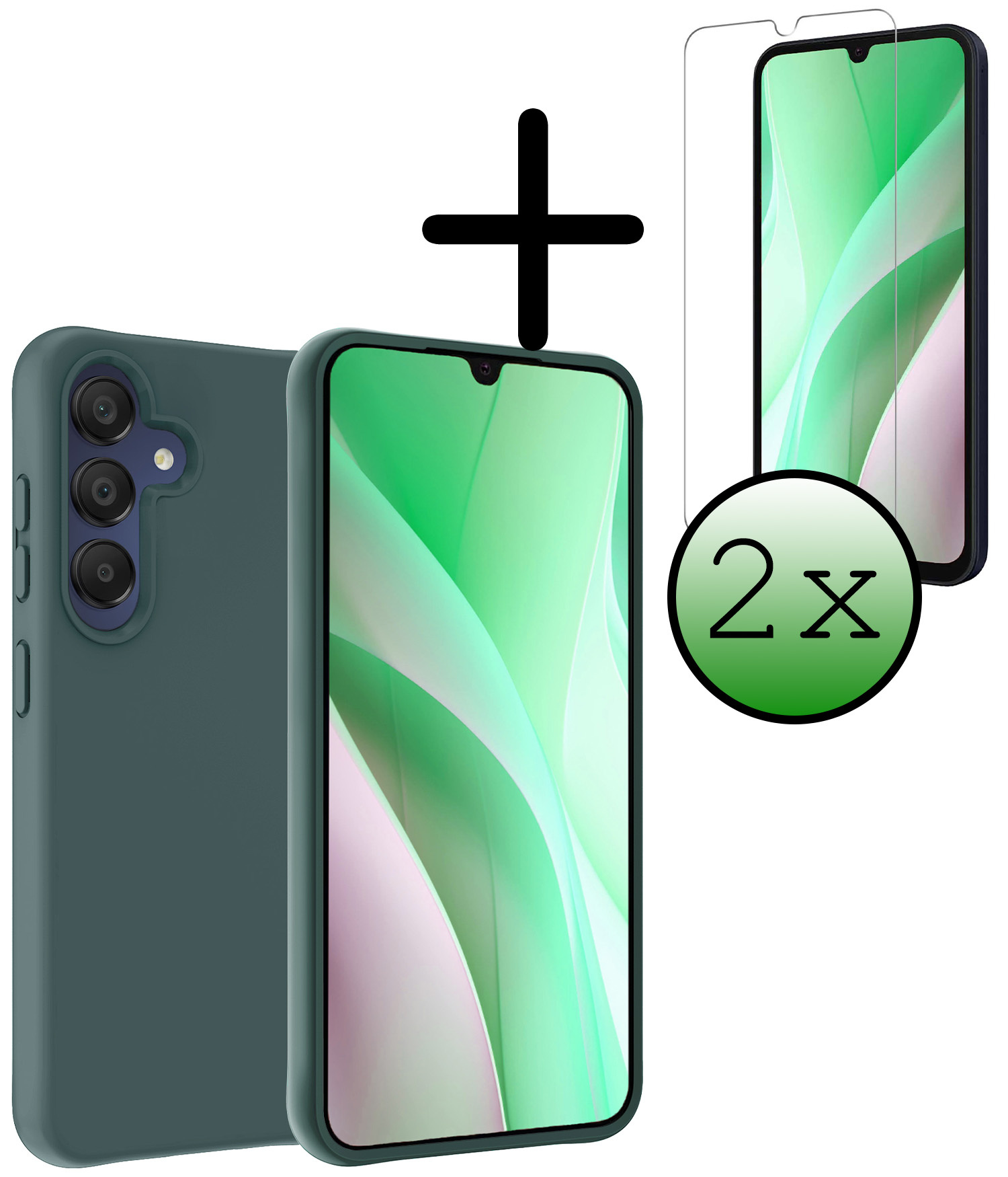 BASEY. Hoes Geschikt voor Samsung A15 Hoesje Siliconen Back Cover Case Met 2x Screenprotector - Hoesje Geschikt voor Samsung Galaxy A15 Hoes Cover Hoesje - Donkergroen
