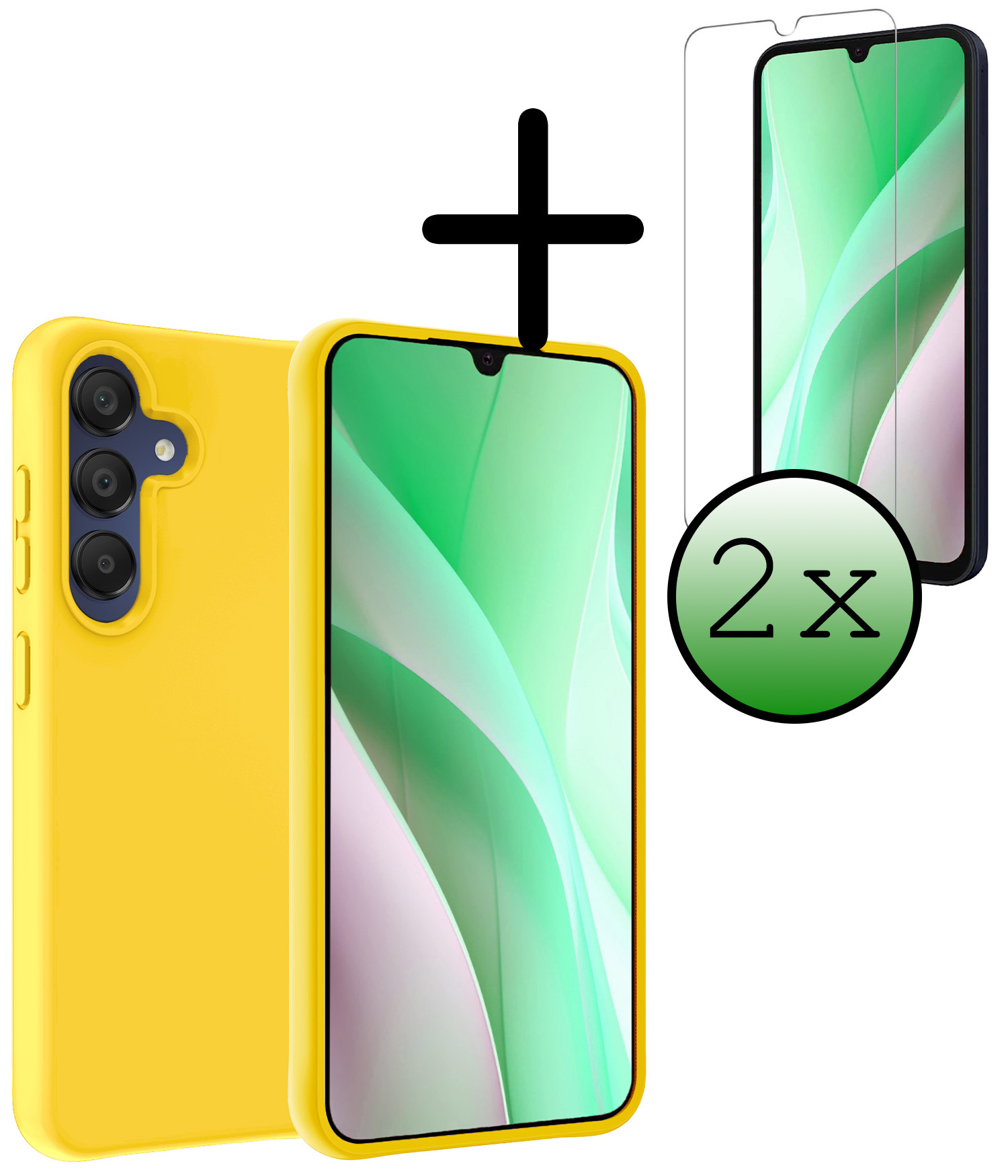 BASEY. Hoes Geschikt voor Samsung A15 Hoesje Siliconen Back Cover Case Met 2x Screenprotector - Hoesje Geschikt voor Samsung Galaxy A15 Hoes Cover Hoesje - Geel