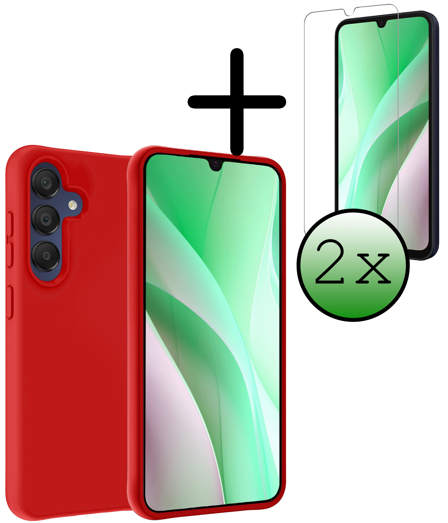 BASEY. Hoes Geschikt voor Samsung A15 Hoesje Siliconen Back Cover Case Met 2x Screenprotector - Hoesje Geschikt voor Samsung Galaxy A15 Hoes Cover Hoesje - Rood