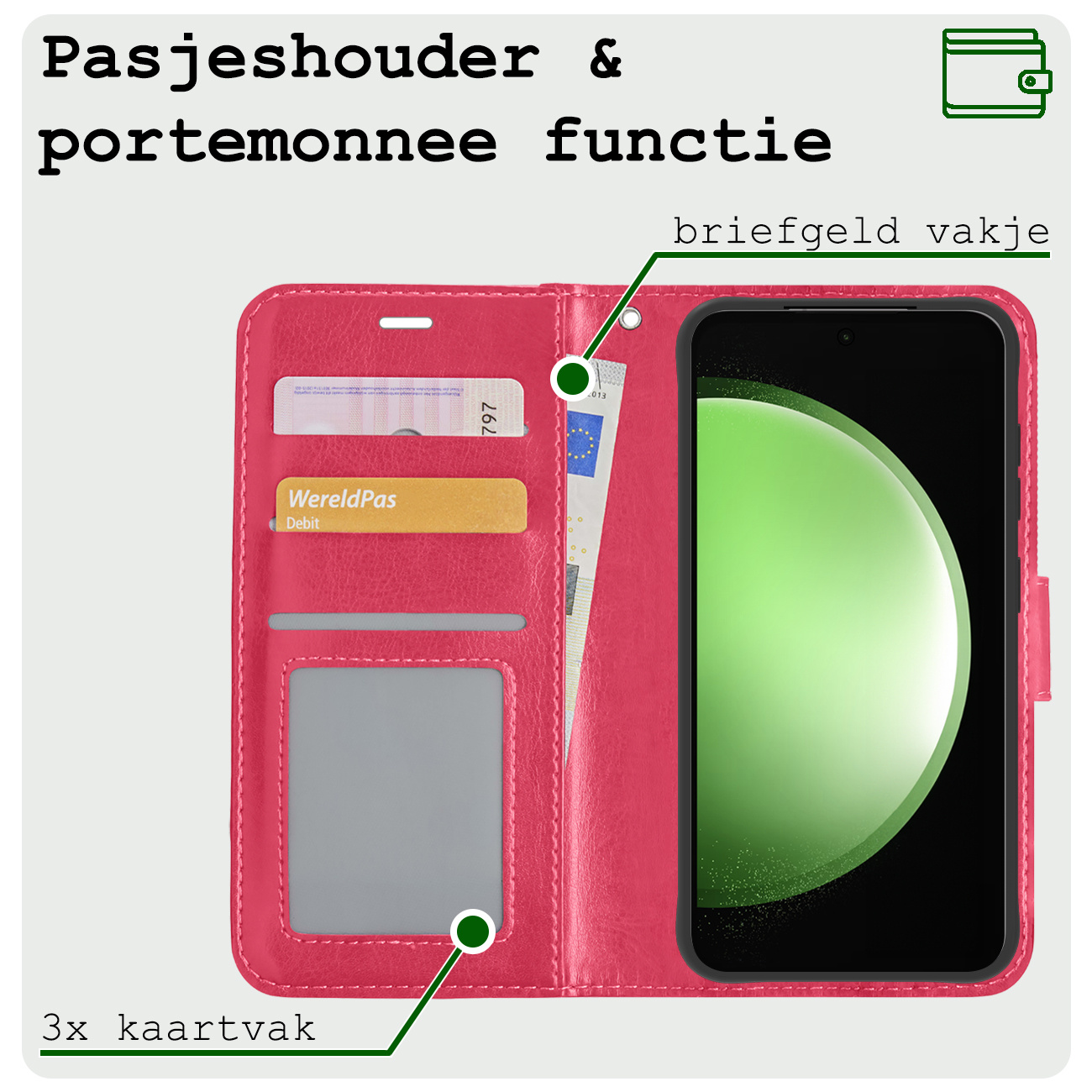 BASEY. Hoes Geschikt voor Samsung S23 FE Hoesje Bookcase Hoes Flip Case Book Cover - Hoesje Geschikt voor Samsung Galaxy S23 FE Hoes Book Case Hoesje - Donkerroze