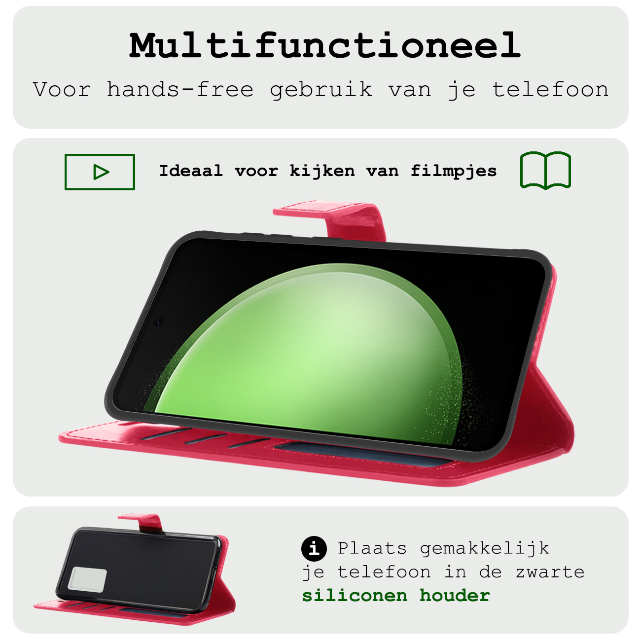 BASEY. Hoes Geschikt voor Samsung S23 FE Hoesje Bookcase Hoes Flip Case Book Cover - Hoesje Geschikt voor Samsung Galaxy S23 FE Hoes Book Case Hoesje - Donkerroze